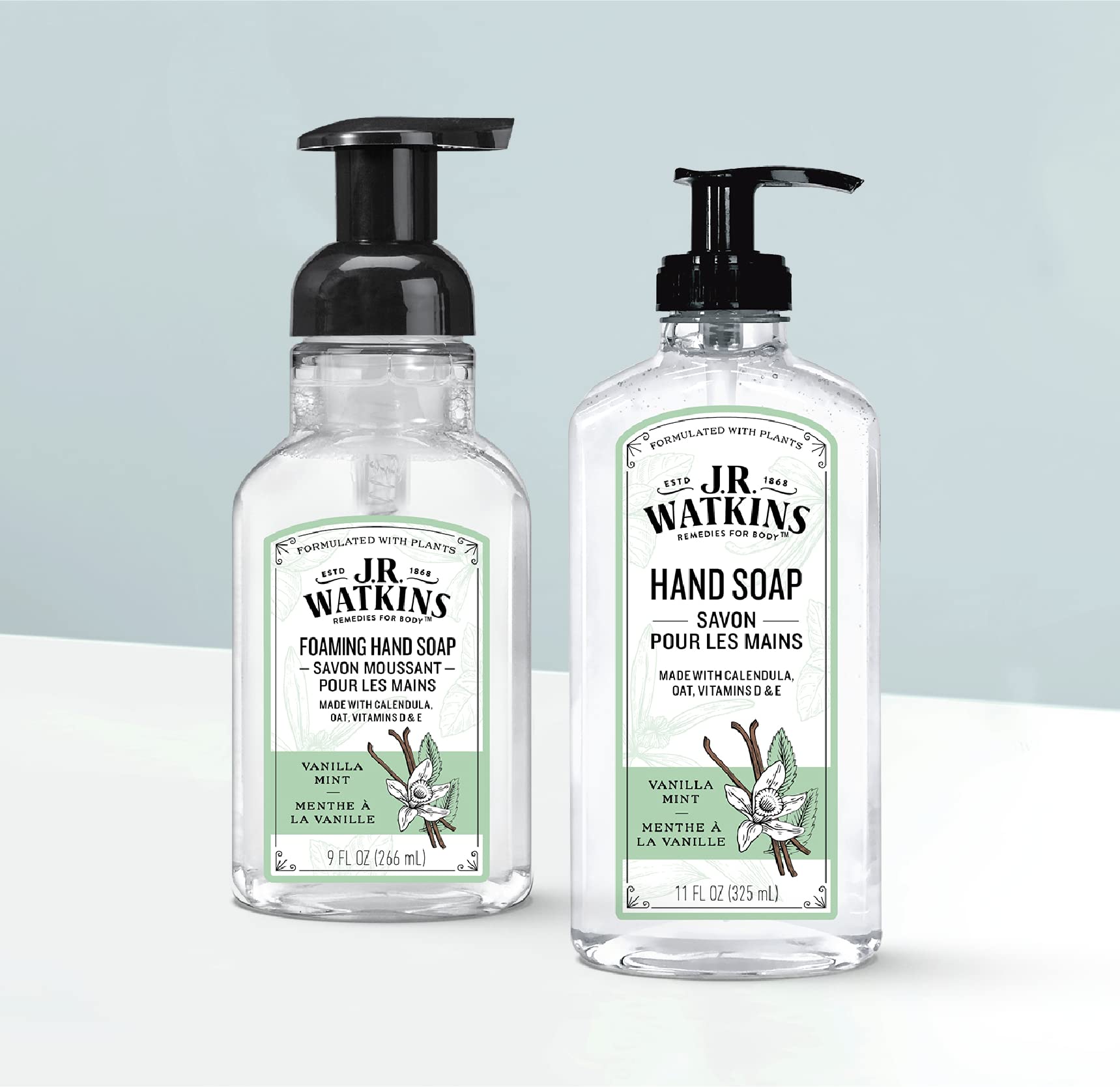 J.R. Watkins Gel Hand Soap with Dispenser, Moisturizing Hand Wash, All Natural, Alcohol-Free, Cruelty-Free, USA Made, Vanilla Mint, 11 fl oz, 3 Pack