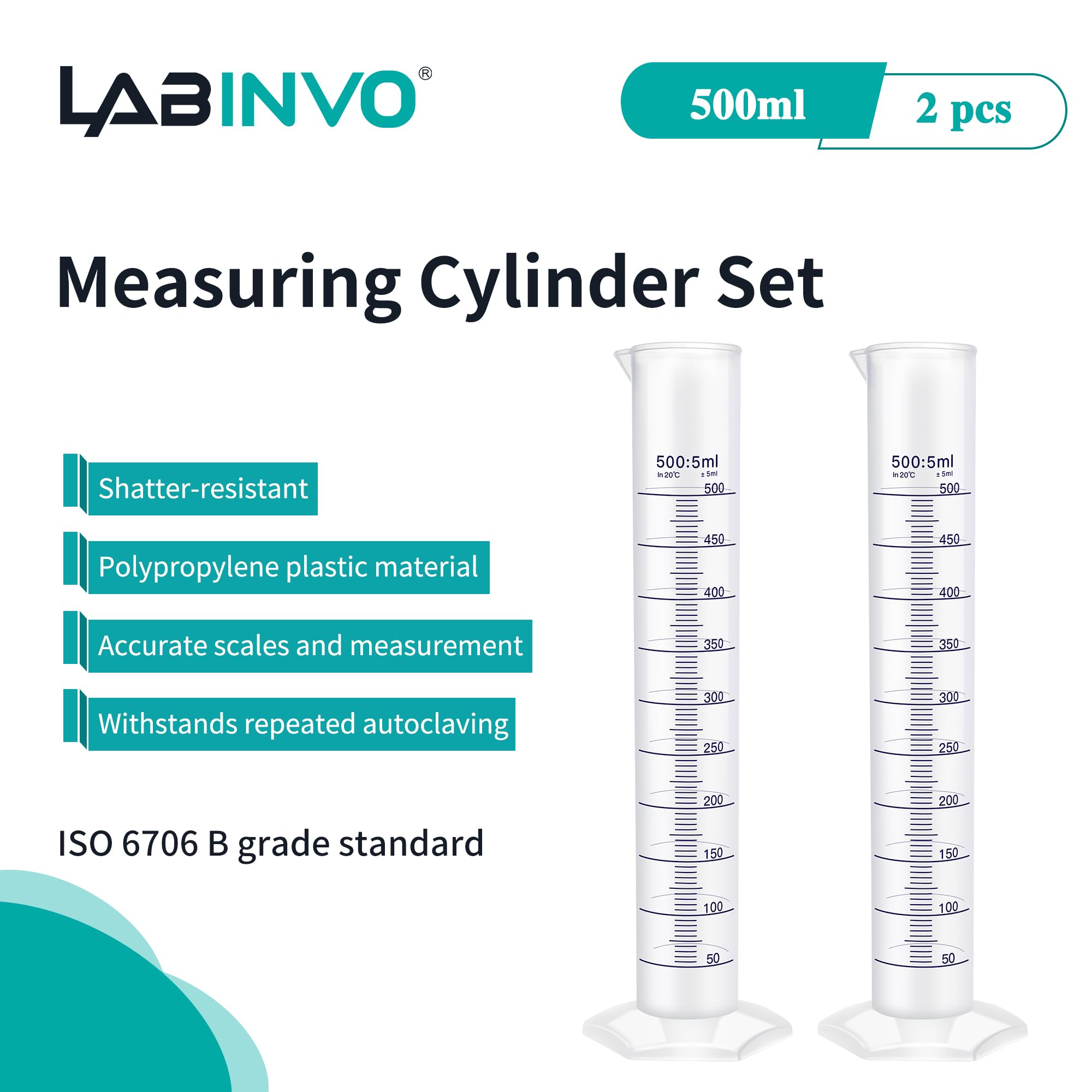 LABINVO 500ml Graduated Cylinder Set, 2pcs of Blue Printed Plastic Measuring Cylinders, Hexagonal Base, with Spout, IN-MC500