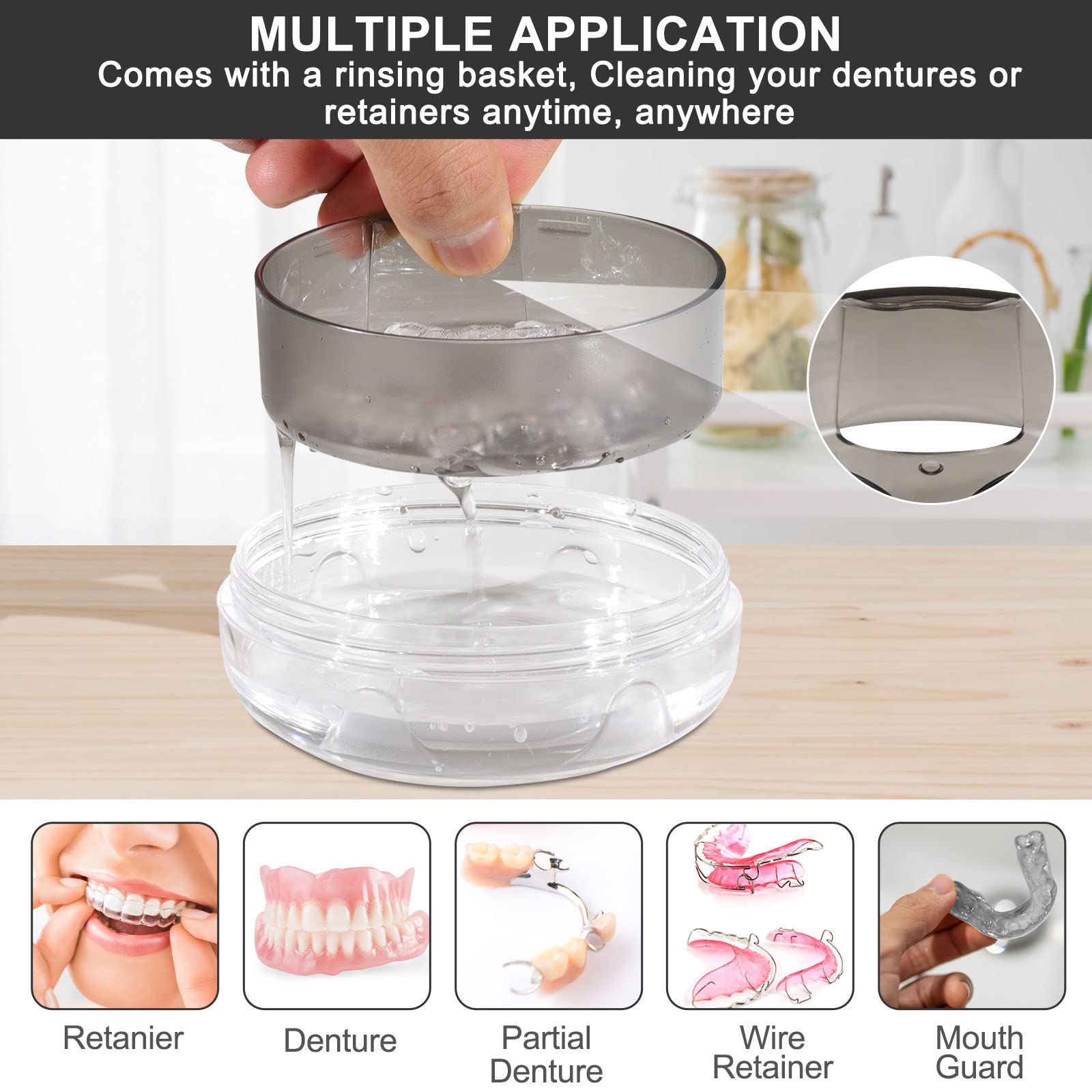 Denture Case, Leak Proof Denture Bath Case Cup Kit for Travel Cleaning, Denture Holder Box Bath Soaking Container for Women & Men with Mirror, Strainer, Removal Tool and Denture Brush(Grey)