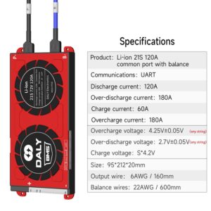 DALY Smart BMS Li-ion 21S 72V 120A PCB Battery Protection Board with UART Communication Bluetooth Battery Monitoring Module for Lithium Battery Pack Rated 3.7V