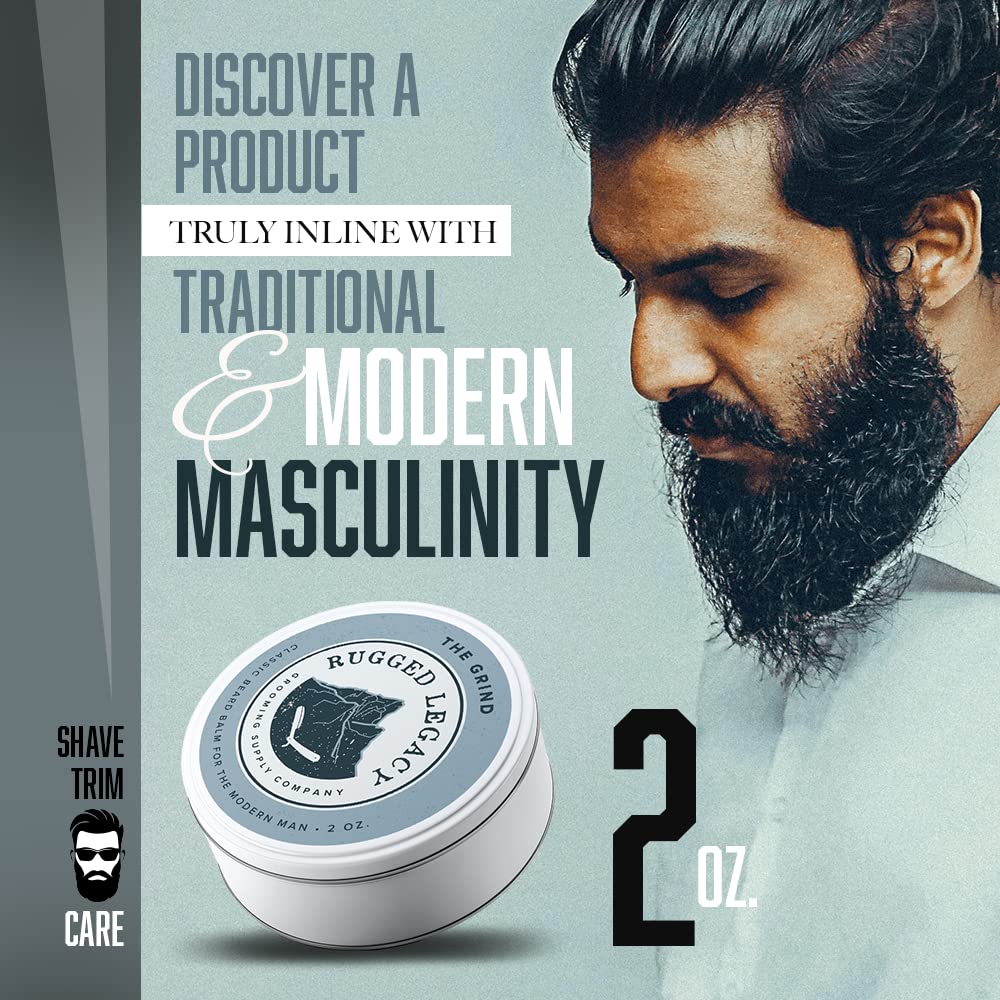 Rugged Legacy - Beard Balm, The Grind 2oz Beard Balm for Men, Scented Beard Balm with Notes of Coffee & Fresh Bergamot, Beard Balm Made with Natural Oils that Enrich Your Entire Beard - Roots To End