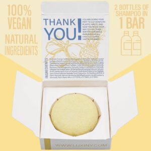 Luxiny Pina Colada Shampoo Bar for Dry Damaged Hair is Vegan, Sulfate free and Made in the USA. Get up to 60 washes at home or great as a travel shampoo.