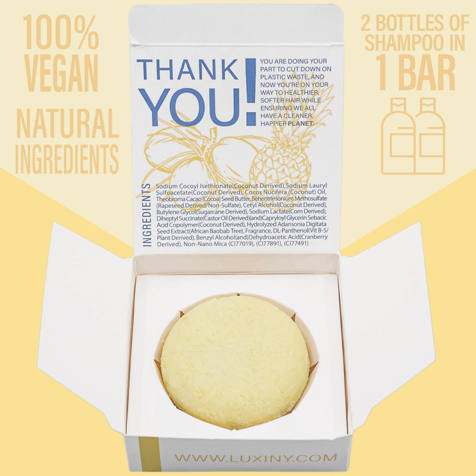 Luxiny Pina Colada Shampoo Bar for Dry Damaged Hair is Vegan, Sulfate free and Made in the USA. Get up to 60 washes at home or great as a travel shampoo.