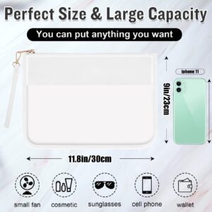 izuzta Clear PVC Flat Pouch, PU Travel Makeup Bag Clear Zipper Pouch with Wristlet, DIY Chenille Letter Bag Waterproof Portable Clear Travel Toiletry Bag Cosmetic Pouch for Women Girls (White)