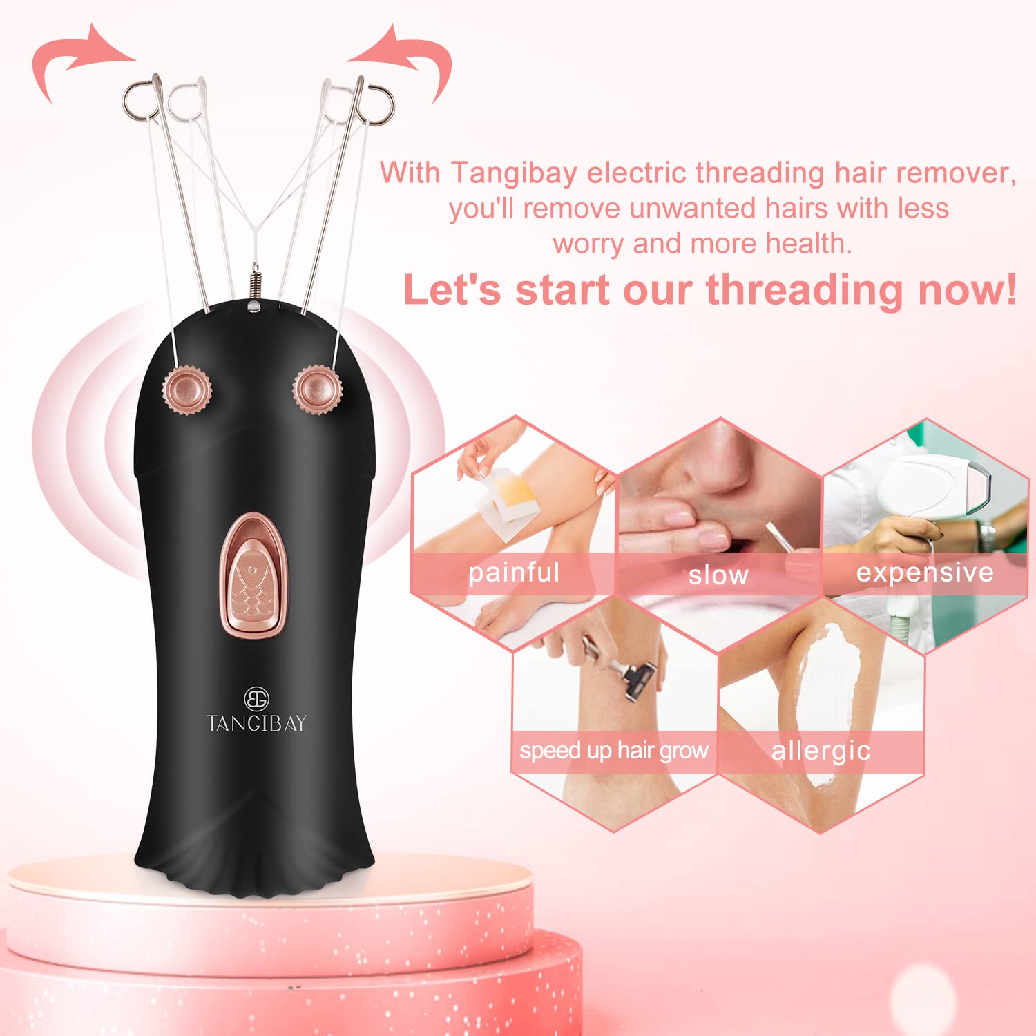 Tangibay Mermaid Threading Hair Removal - Rechargeable Facial Hair Threader Machine, Womens Automatic Thread Hair Remover Tool Kit, Electric Threads Epilator for Face, Upper Lip, Arms (Black)