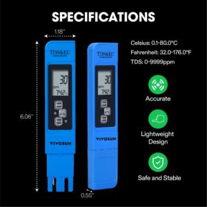 VIVOSUN PH Meter Digital PH Tester Pen, Orange and TDS Tester 3-in-1 TDS EC & Temperature Meter Ultrahigh Accuracy Digital Water Quality TDS Tester (Blue)