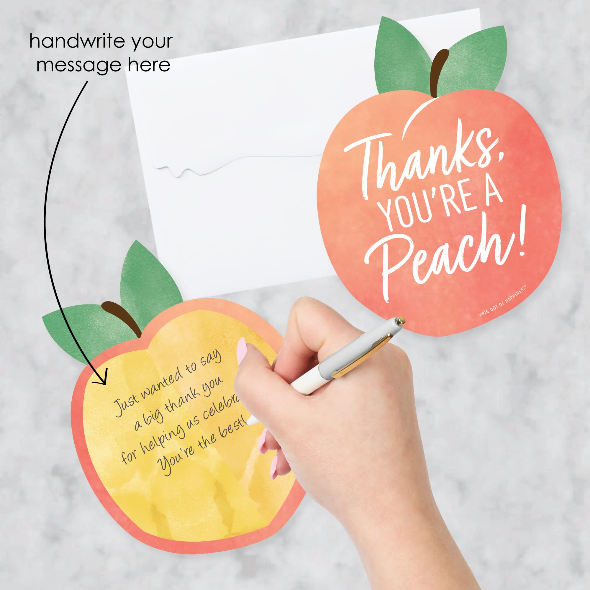 Big Dot of Happiness Sweet as a Peach - Shaped Thank You Cards - Fruit Themed Baby Shower or Birthday Party Thank You Note Cards with Envelopes - Set of 12