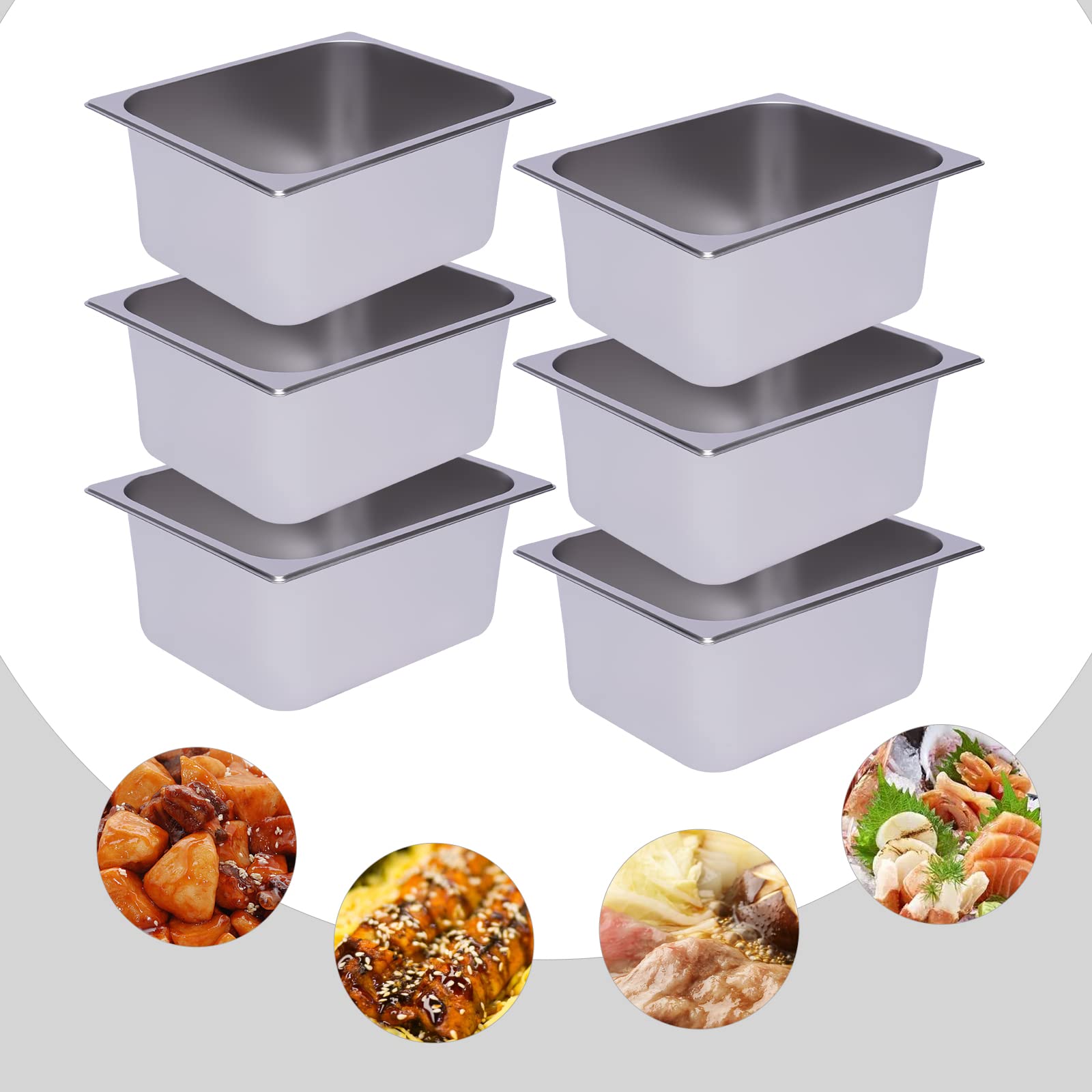 LOYALHEARTDY 6 Pack Hotel Pans 6" Deep Steam Table Pan 1/2 Half Size 13" L x 10.2" W Commercial Hotel Pan Stainless Steel Catering Food Pan