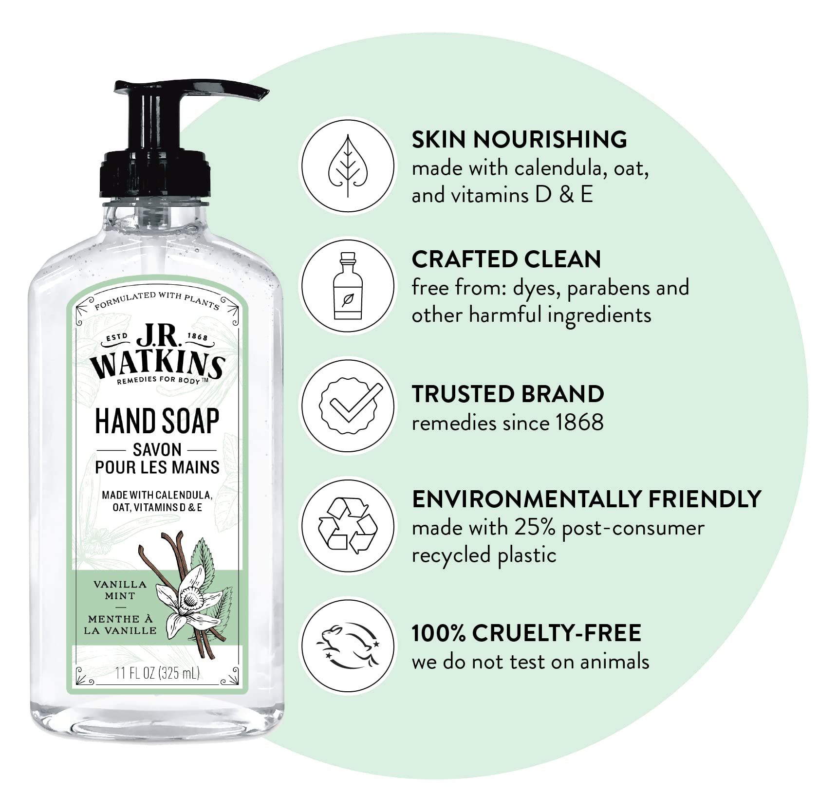 J.R. Watkins Gel Hand Soap with Dispenser, Moisturizing Hand Wash, All Natural, Alcohol-Free, Cruelty-Free, USA Made, Vanilla Mint, 11 fl oz, 3 Pack