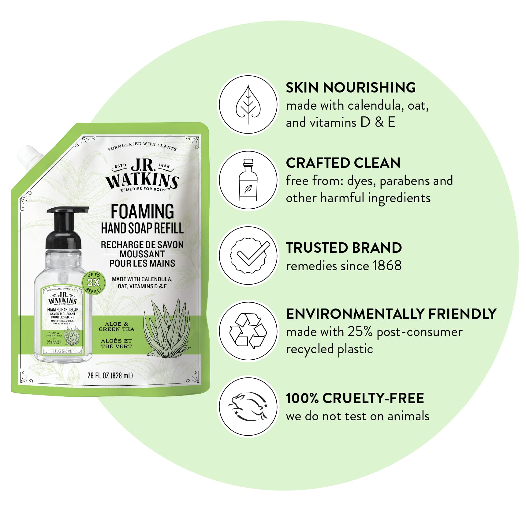 J.R. Watkins Foaming Hand Soap Refill, Moisturizing Foam Hand Wash, All Natural, Alcohol-Free, Cruelty-Free, USA Made, Aloe Green Tea, 28 fl oz, 3 Pack