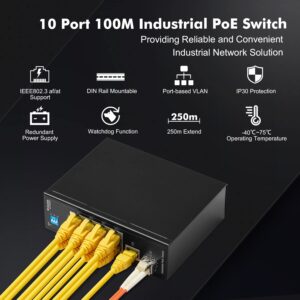 MokerLink 10 Port PoE Industrial Din Rail Switch, 8 Ports PoE+ 100Mbps IEEE802.3af/at, 1 Gigabit Ethernet and 1 SFP Uplink, Vlan & Extend Mode, DIN-Rail & Wall Mount