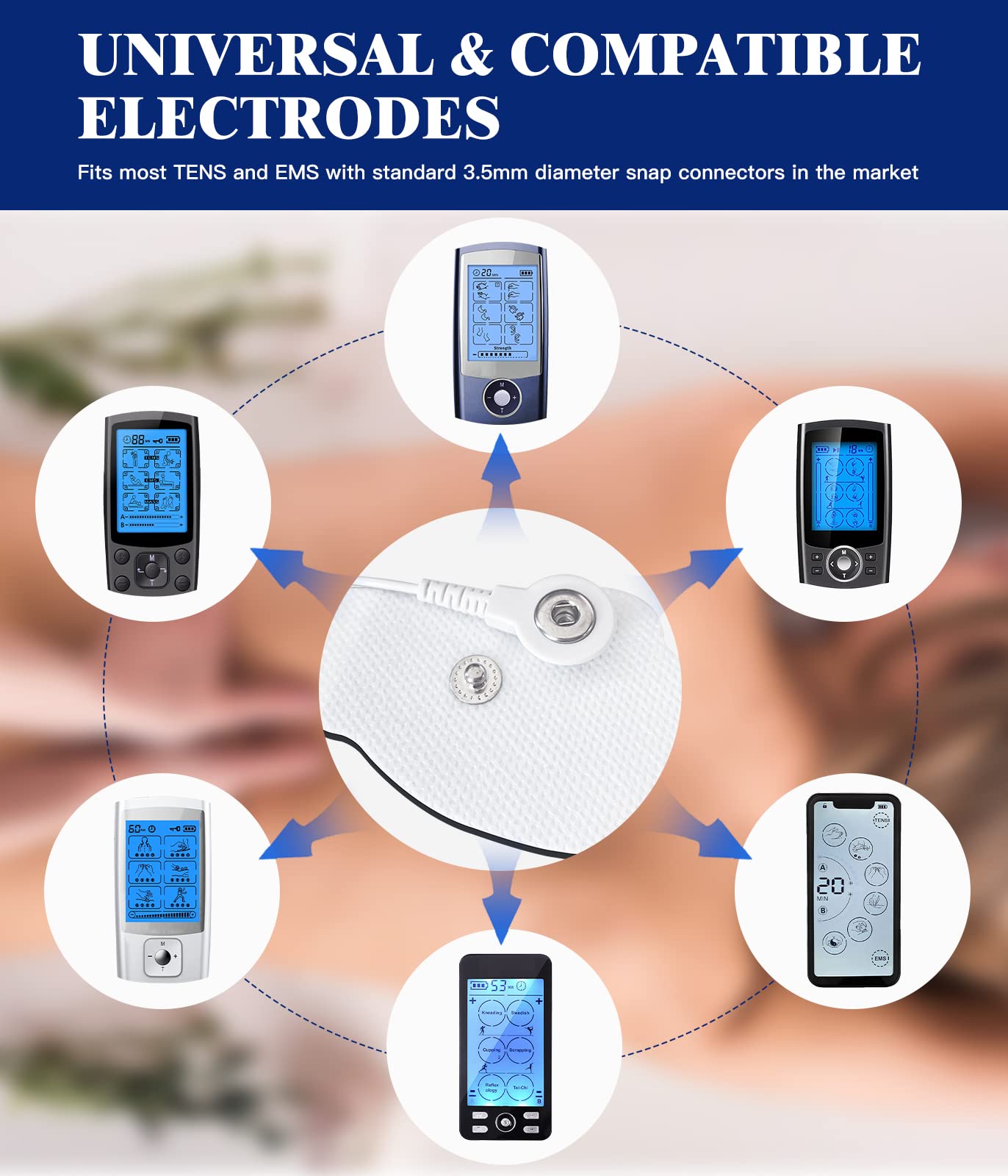 24 Pack TENS Unit Replacement Pads, Reusable Long-Lasting Self-Adhesive Non-Irritating Snap Electrodes Pad for Tens Unit with Standard 3.5mm Snap-on Connector, Compatible with Belifu, Brilnurse TENS