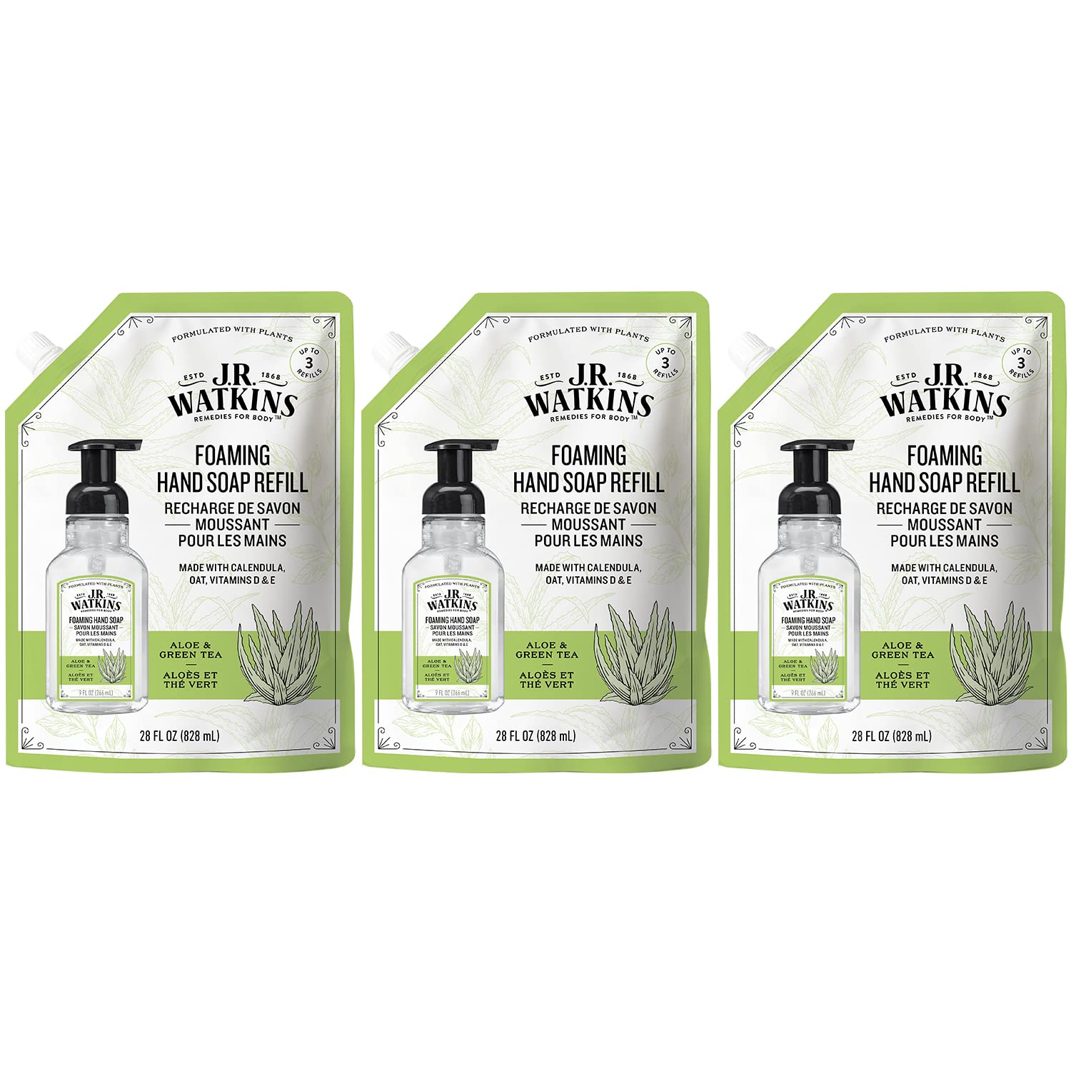 J.R. Watkins Foaming Hand Soap Refill, Moisturizing Foam Hand Wash, All Natural, Alcohol-Free, Cruelty-Free, USA Made, Aloe Green Tea, 28 fl oz, 3 Pack