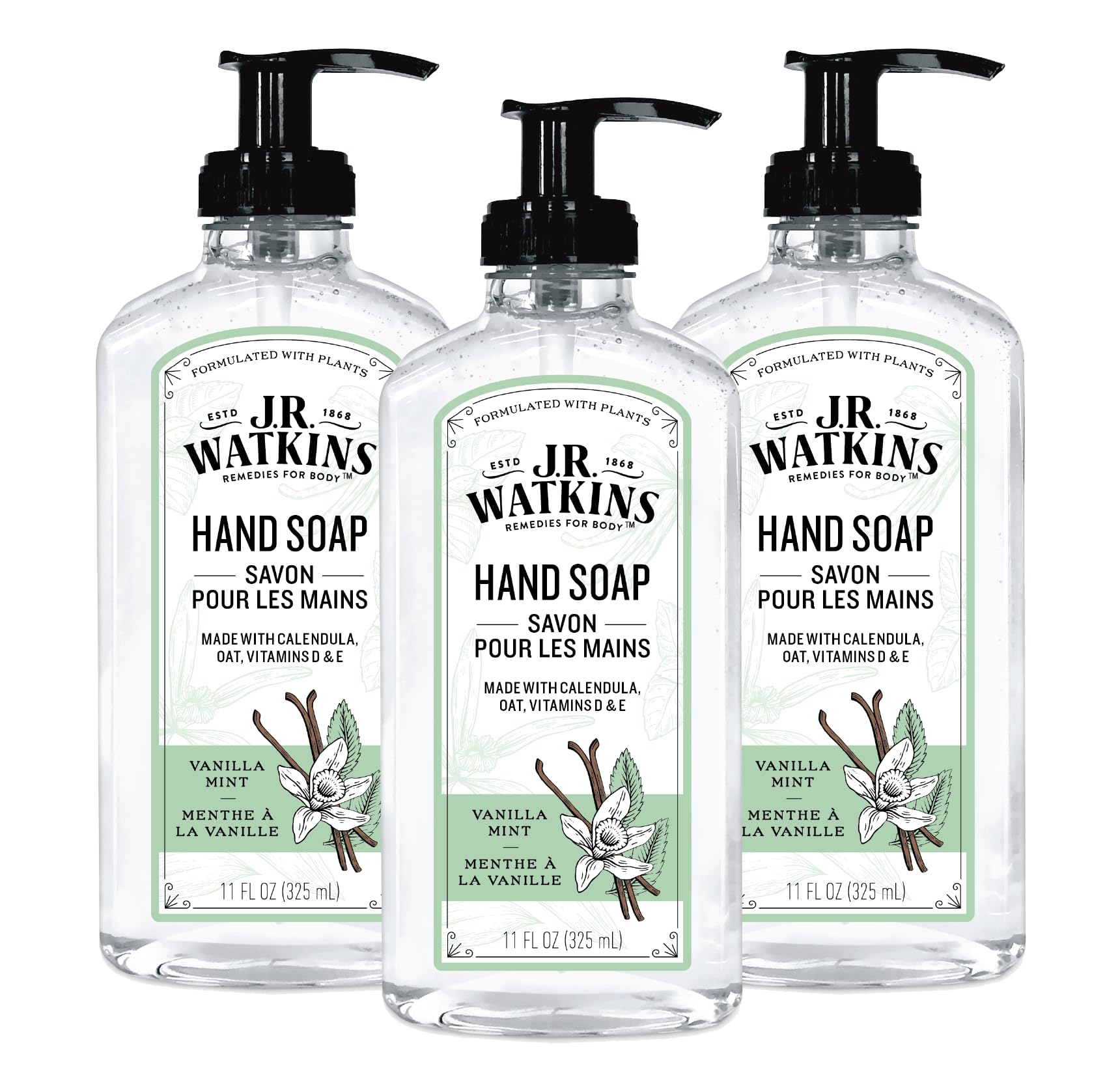 J.R. Watkins Gel Hand Soap with Dispenser, Moisturizing Hand Wash, All Natural, Alcohol-Free, Cruelty-Free, USA Made, Vanilla Mint, 11 fl oz, 3 Pack