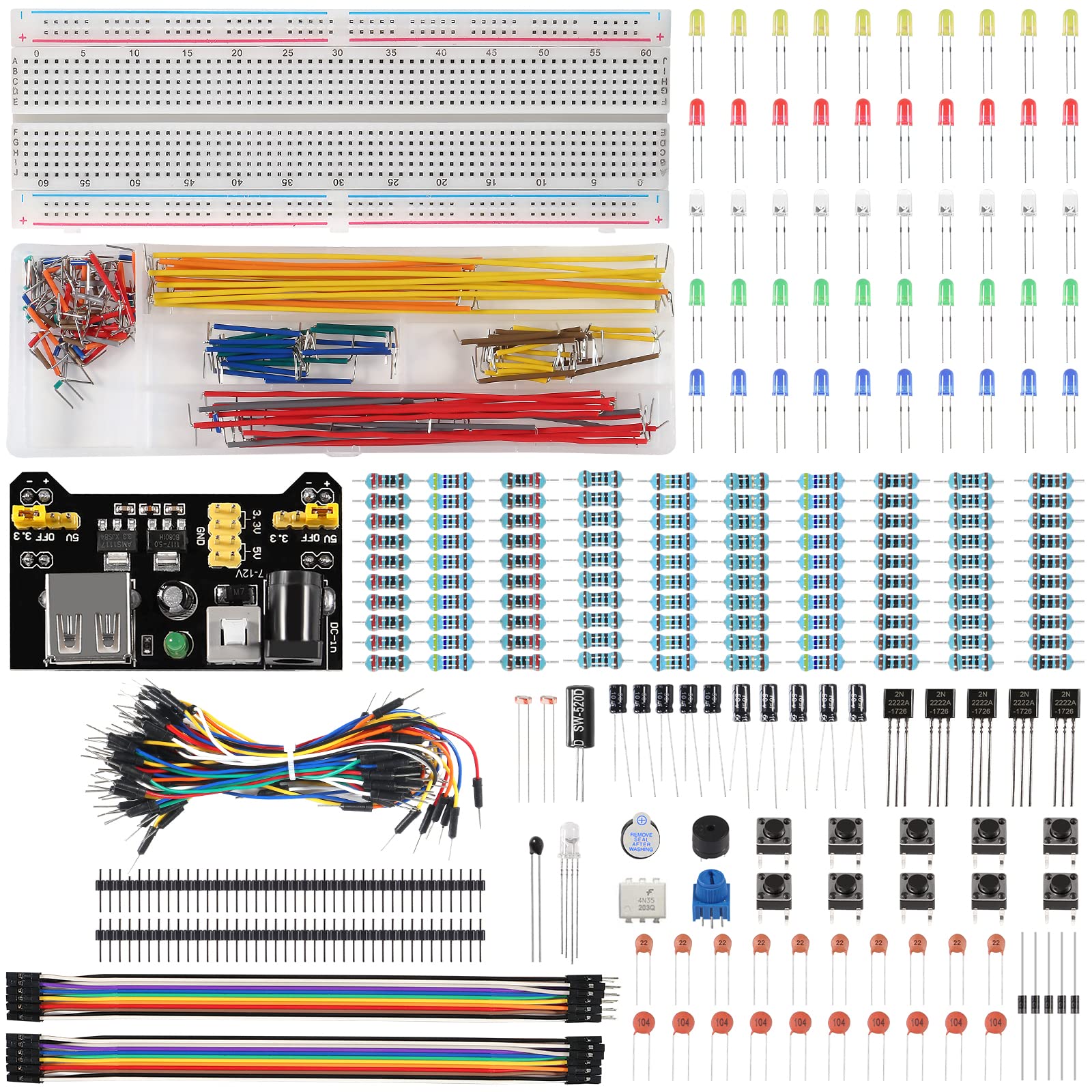 Diitao Electronic Breadboard Component,Electronic Fun Kit with 830 Tie Point Breadboard,Bundle,Power Supply,Jumper Wires,Resistors,LED for Arduino for Raspberry Pi