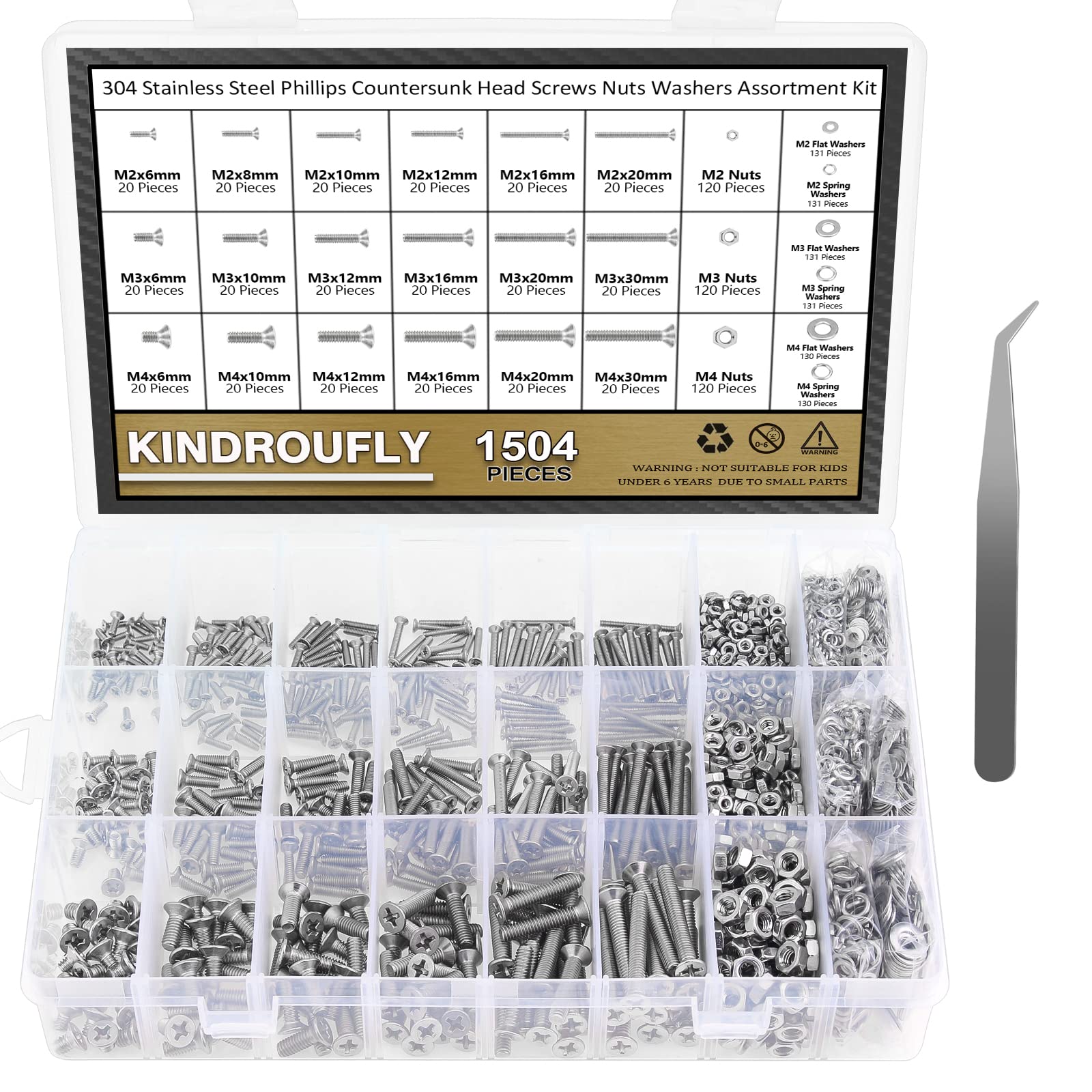 1504 Pieces Phillips Countersunk Head Machine Screws Nuts Washers Kit, Kindroufly M2 M3 M4 Screw Assortment Kit, Machine Screws, 304 Stainless Steel