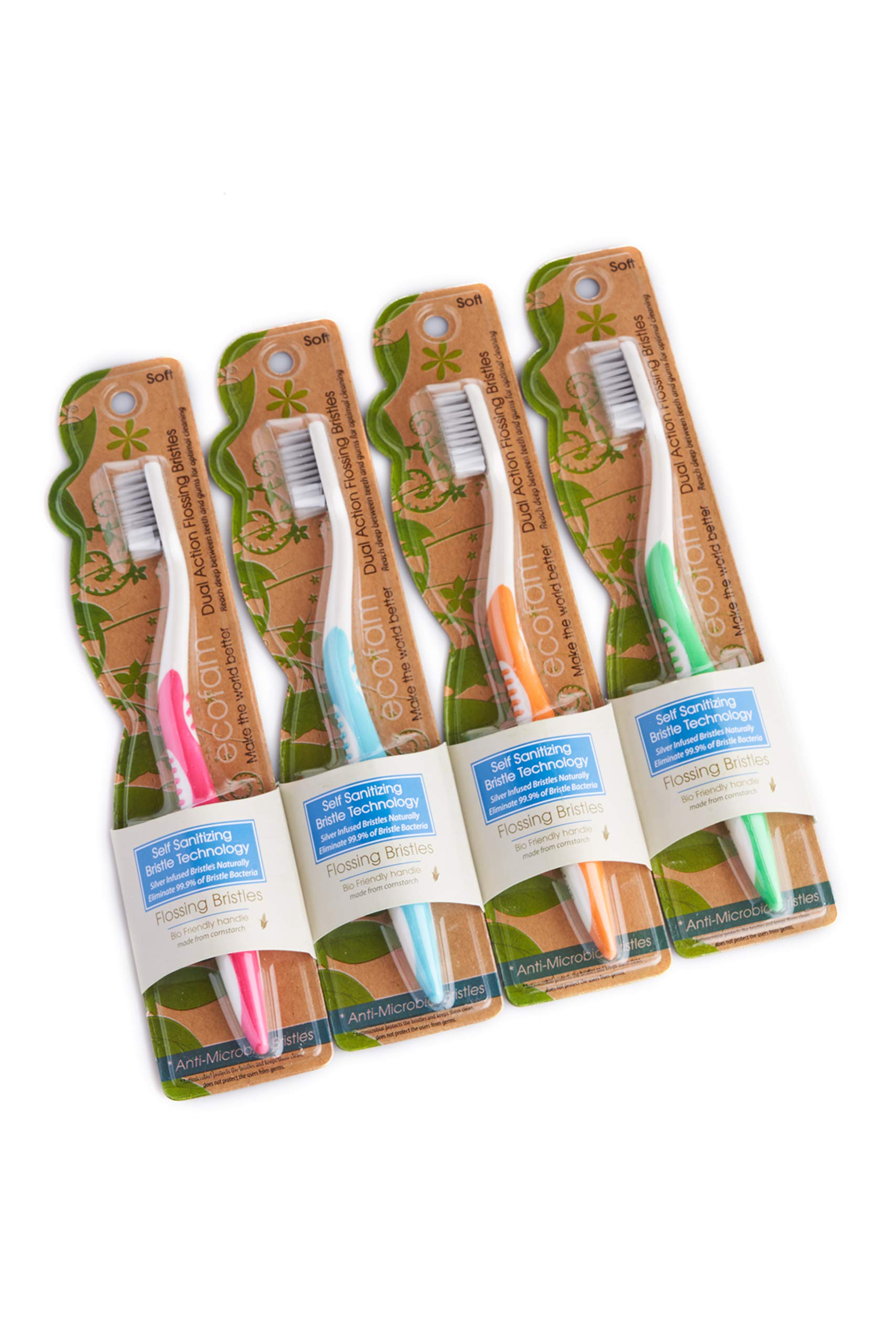 ECOFAM Earth Friendly Compostable Adult Manual Toothbrushes - Silver Infused Soft Bristle Toothbrush (4 Pack) (8 Pack Multi Color)