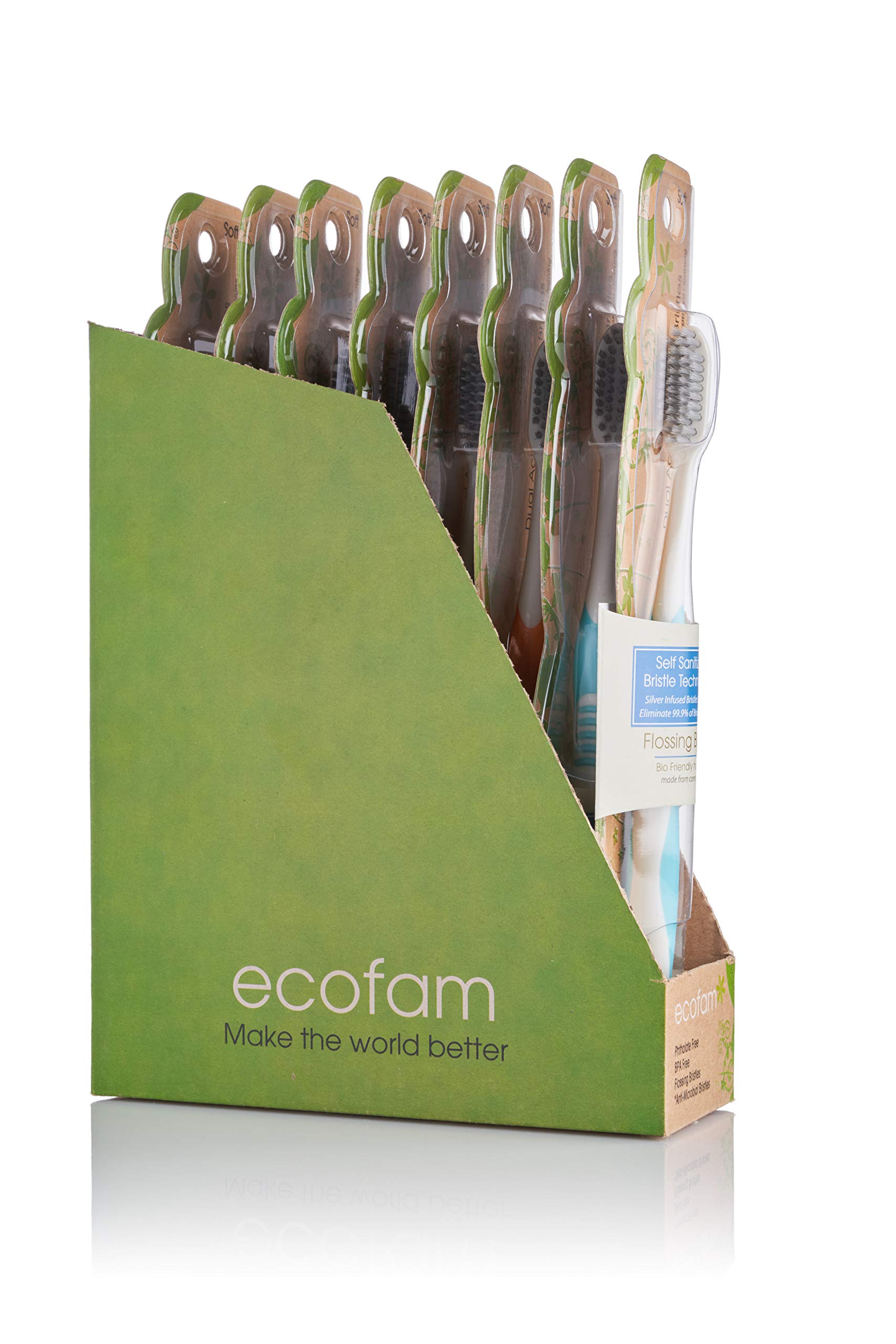 ECOFAM Earth Friendly Compostable Adult Manual Toothbrushes - Silver Infused Soft Bristle Toothbrush (4 Pack) (8 Pack Multi Color)