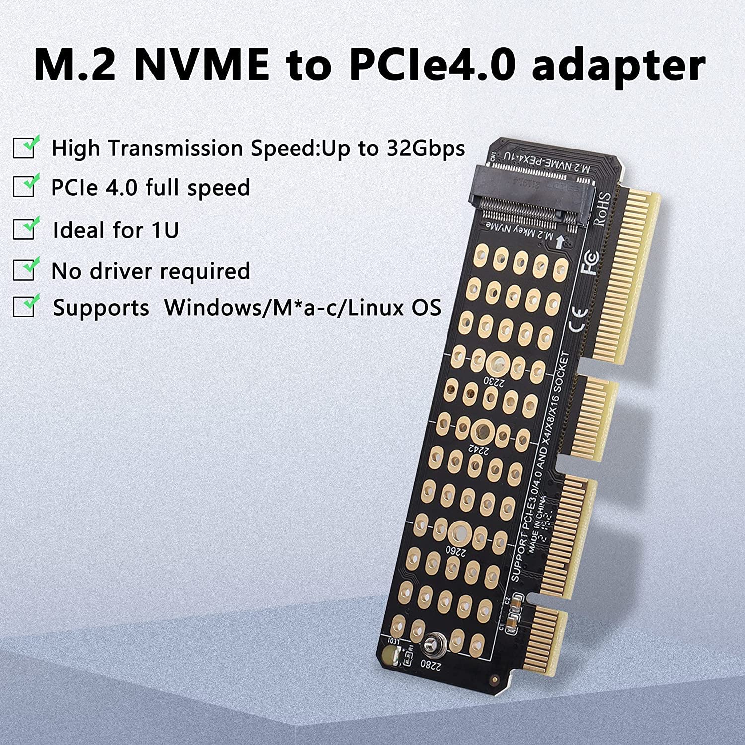 GELRHONR M.2 NVME to PCIe 4.0x4 Adapter Card for 1U Case,Supports M Key 2280,2260,2242,2230 M.2 Solid State Drives(Do not Support NGFF)