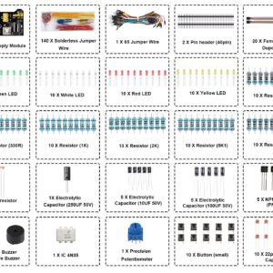 Diitao Electronic Breadboard Component,Electronic Fun Kit with 830 Tie Point Breadboard,Bundle,Power Supply,Jumper Wires,Resistors,LED for Arduino for Raspberry Pi