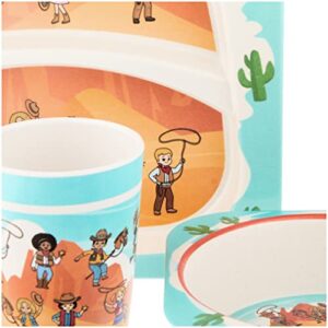 5 Piece Kids Dinnerware Set, Western Cowboys Themed Kids Utensils Set, Bamboo Fiber Plate, Bowl & Cup, Lightweight & Shatterproof Toddler Feeding Set, Children Safe Kitchen Set, Fun Toddler Utensils