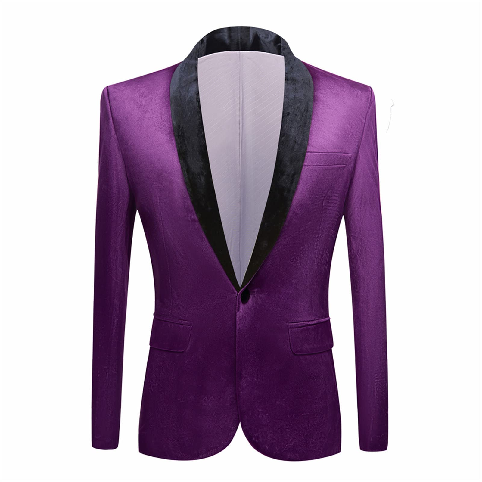 Men's Premium Velvet Blazer Jacket Slim Fit Solid Shawl Lapel Tuxedo Suit One Button Dinner Party Prom Sport Coat (Purple,Small)