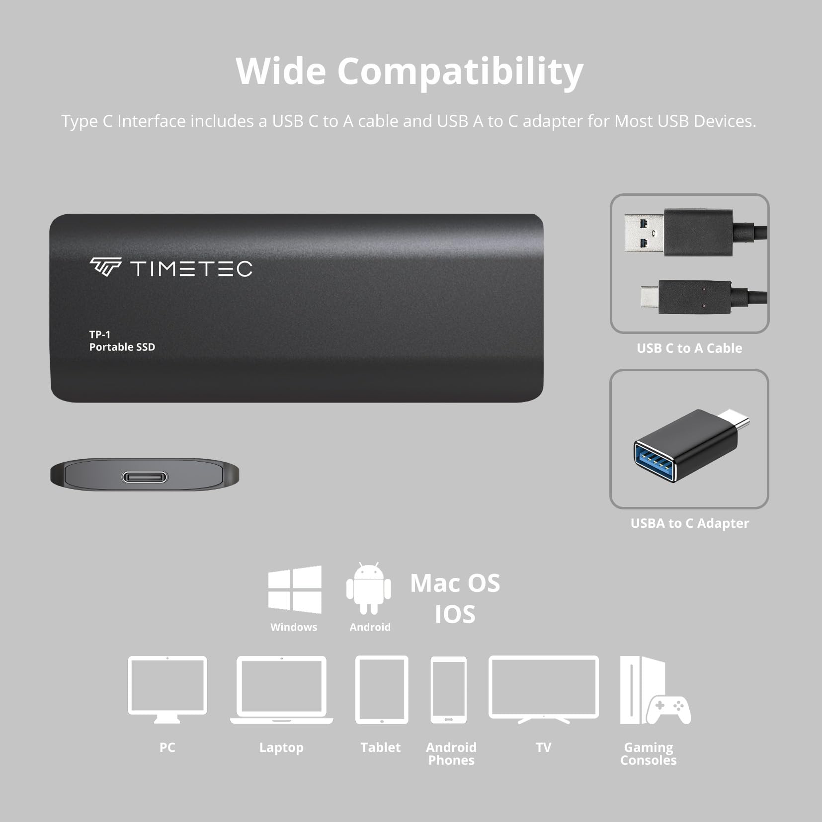 Timetec 1TB Portable External SSD USB3.2 Gen2 Type C Up to 550MB/s Ultra-Light Aluminum Mini External Solid State Drive with USB C to A Cable/USB A to C Adapter for Desktops/Laptop/Mac/Mobile - Black