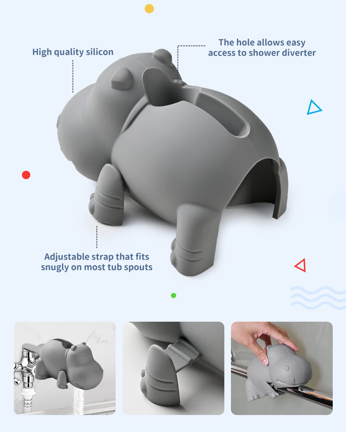 Mandoo Faucet Cover Bathtub Baby, Bath Spout Cover for Baby, Bath Faucet Cover for Kids, Tub Spout Cover Bathtub Faucet Cover Kids Safety, Protection Baby Universal Bath Silicone Toys Grey Hippo