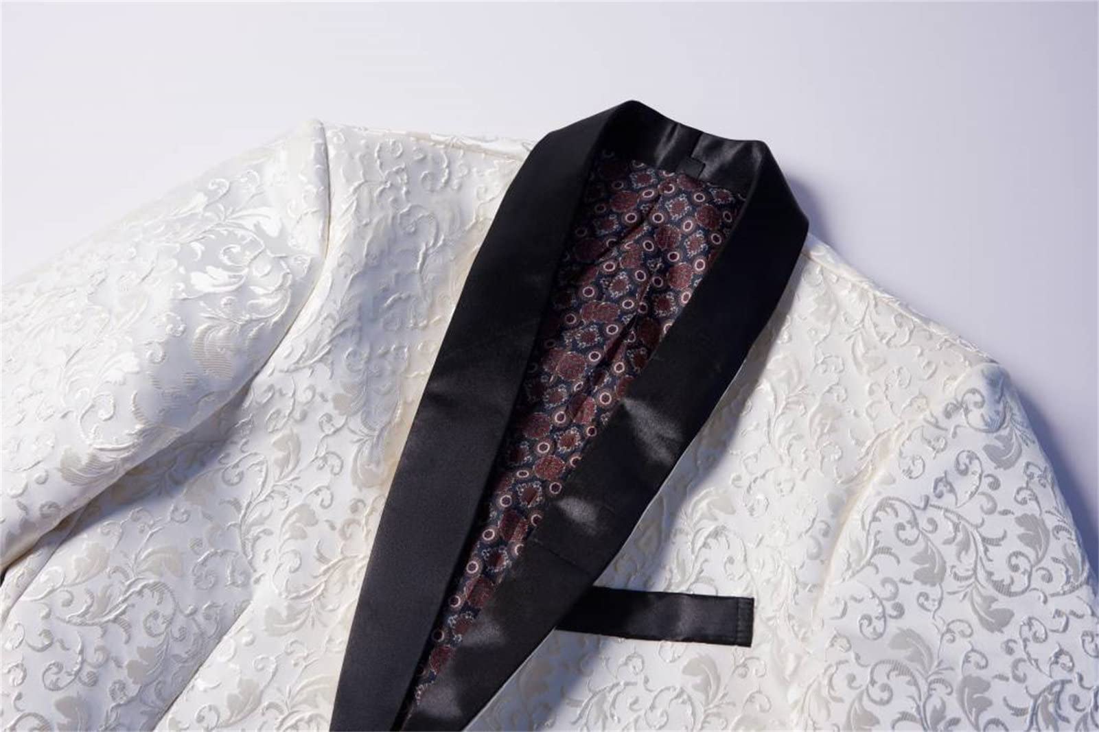 Men's Luxury Floral Tuxedo Jacket Paisley Jacquard Shawl Lapel Dress Suit Embroidered Wedding Blazer Sport Coat (White,Large)