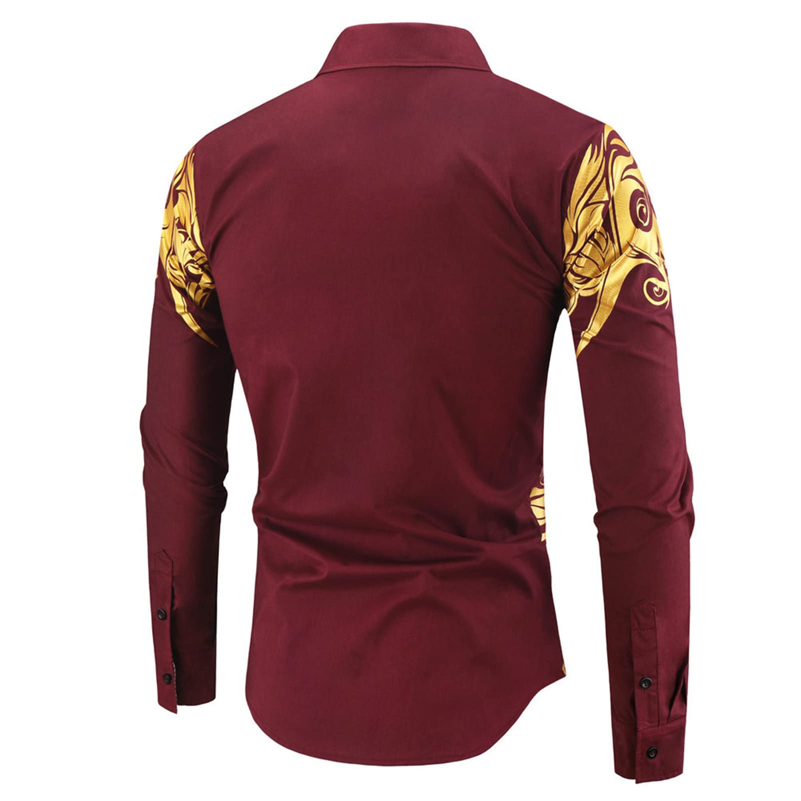 Mens Print Button Down Dress Shirt Shiny Golden Printed Long Sleeves Shirts Casual Floral Nightclub Shirt Costume (Dark Red,Medium)