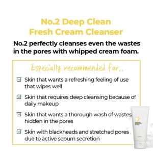 numbuzin No.2 Deep Clean Fresh Cream Cleanser | Foam Cleanser, Gentle Exfoliation, Deep Cleansing, Natural Ingredients | Blackheads, Excess Oil, Dead Skin Cells | Korean Skincare, 4.05 fl. oz.