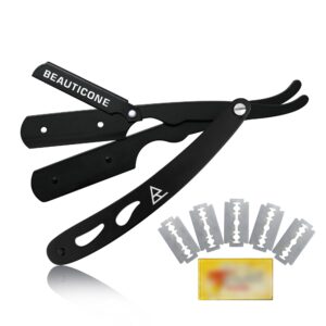 BEAUTICONE Straight Razor - Black Full Steel Barber Razor With Leaf Handle (5 double edge blades)