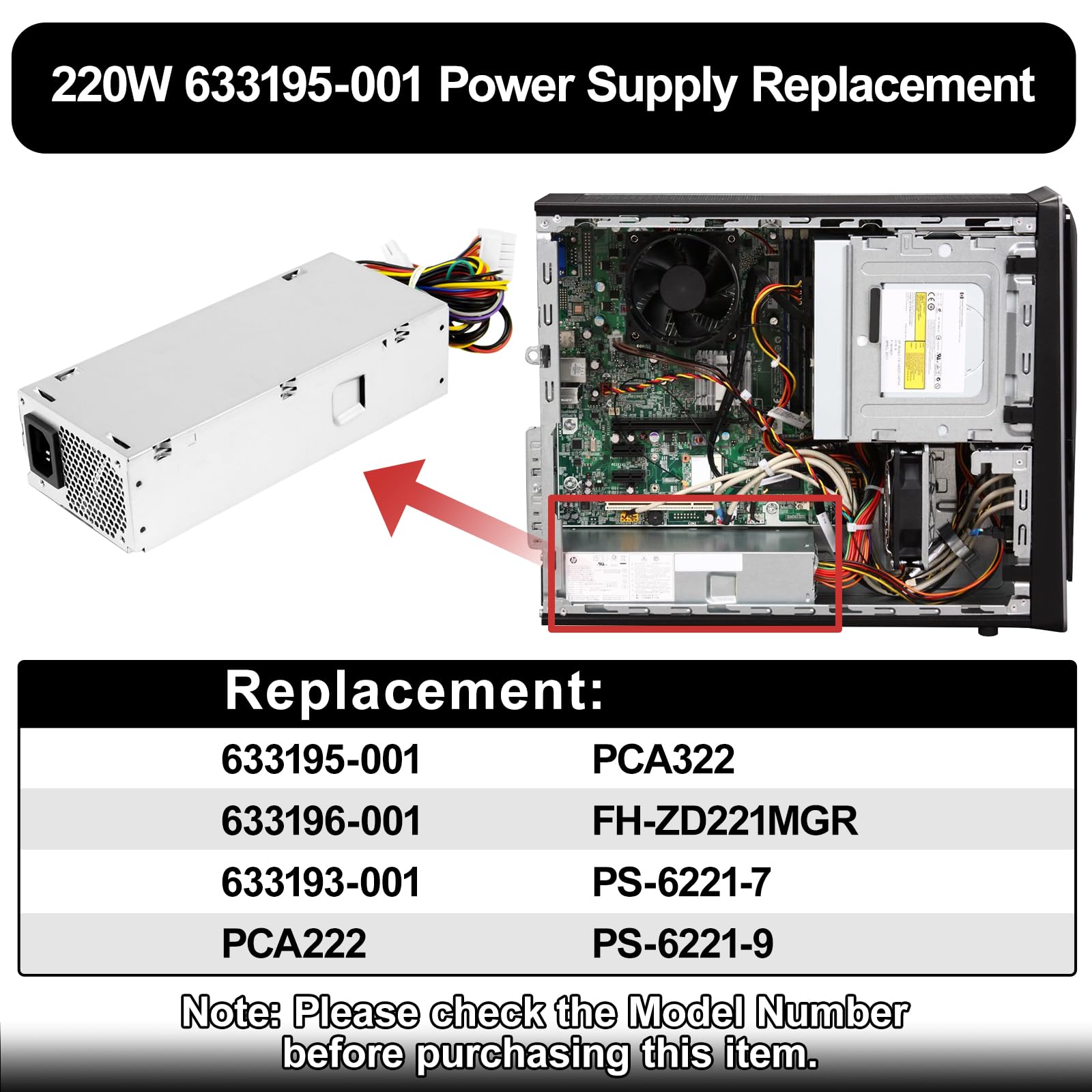 LXun 220W Power Supply Unit for HP Pavilion Slimline S5 Series,S5-1xxx S5-1024 Desktop PC S5-1110d S5-1002la S5-1010 TouchSmart 310-1205la, 633195-001 633196-001 633193-001,PCA222 FH-ZD221MGR PCA322