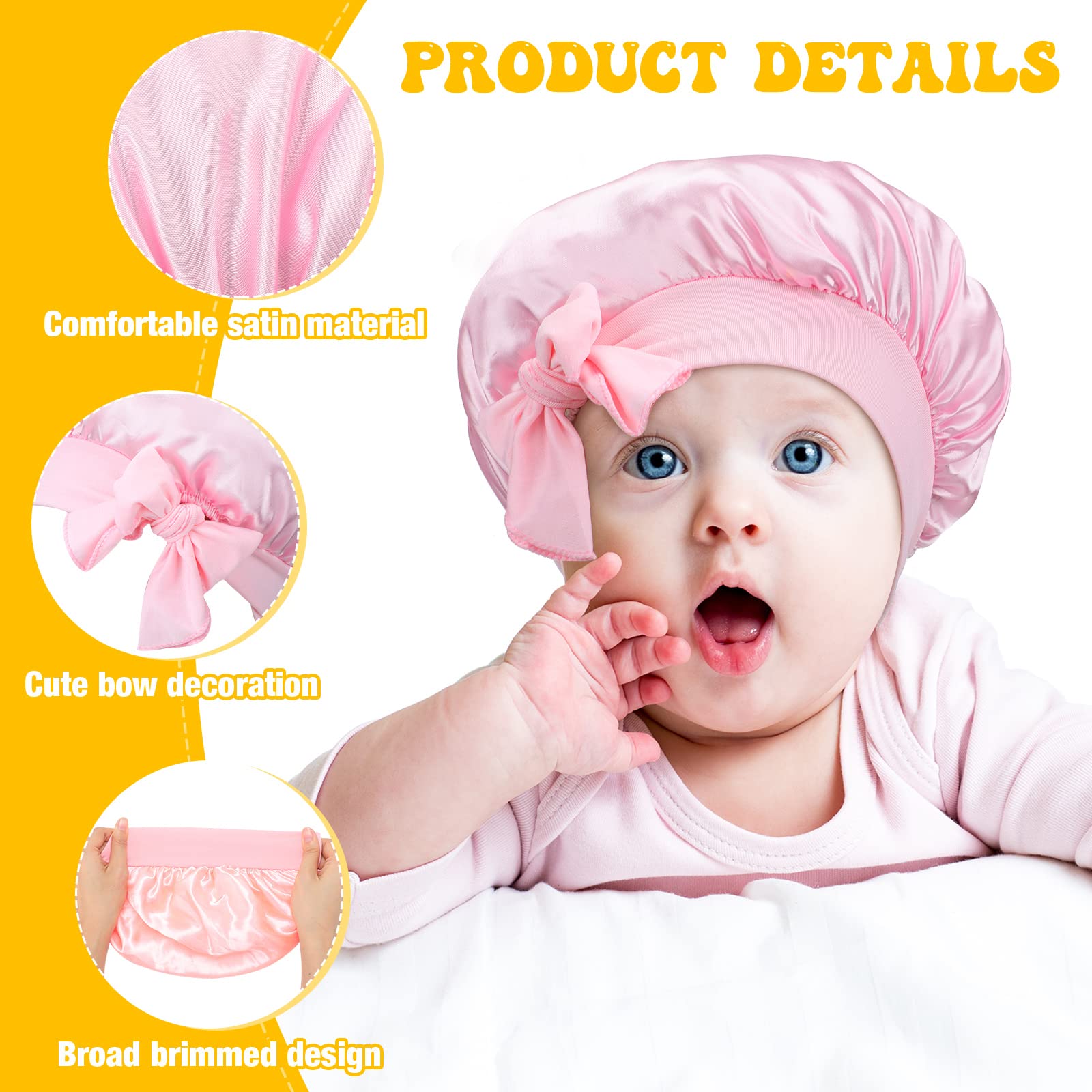 JaGely 8 Pcs Silk Baby Bonnet Infant Bonnets with Tie Band Adjustable Baby Satin Bonnet Kids Sleeping Hair Cap(Light Color)