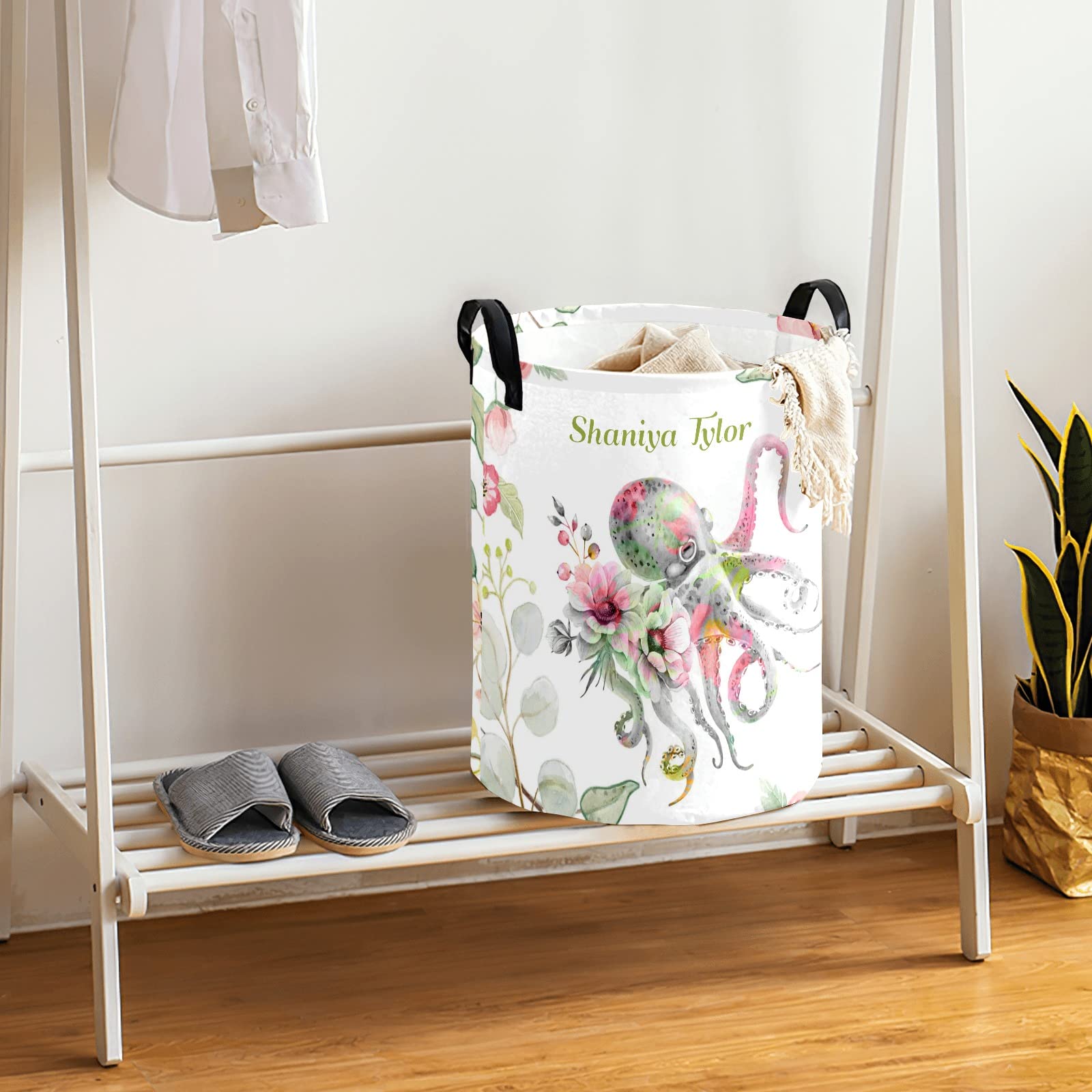 Floral Octopus Underwater Storage Bin, Waterproof Oxford Fabric Clothes Basket Organizer for Laundry Hamper,Toy Bins,Gift Baskets, Bedroom, Clothes,Baby Nursery