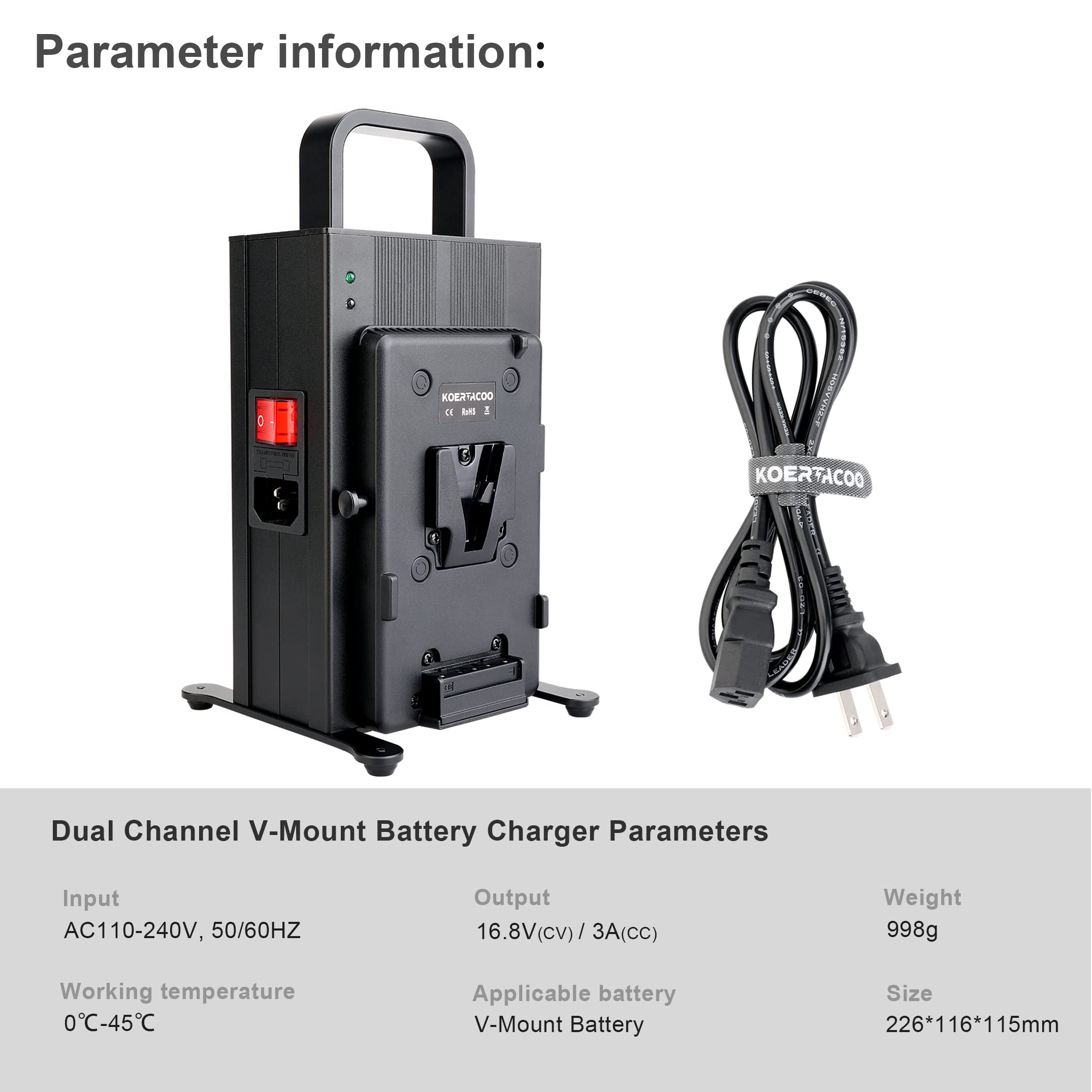 KOERTACOO 16.8V/3A Dual Channel V-Mount/V-Lock Battery Fast Charger, Compatible with All V-Mount Batteries and V-Mount Brick On The Market.