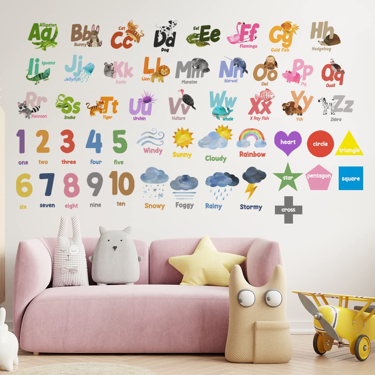 Alphabets Stickers Wall Decals Peel and Stick for Kids Classroom Playroom Decor, Transparent Design Preschool Educational Animals Weather ABC Alphabets Numbers Learning Wall Stickers for Toddler Kids