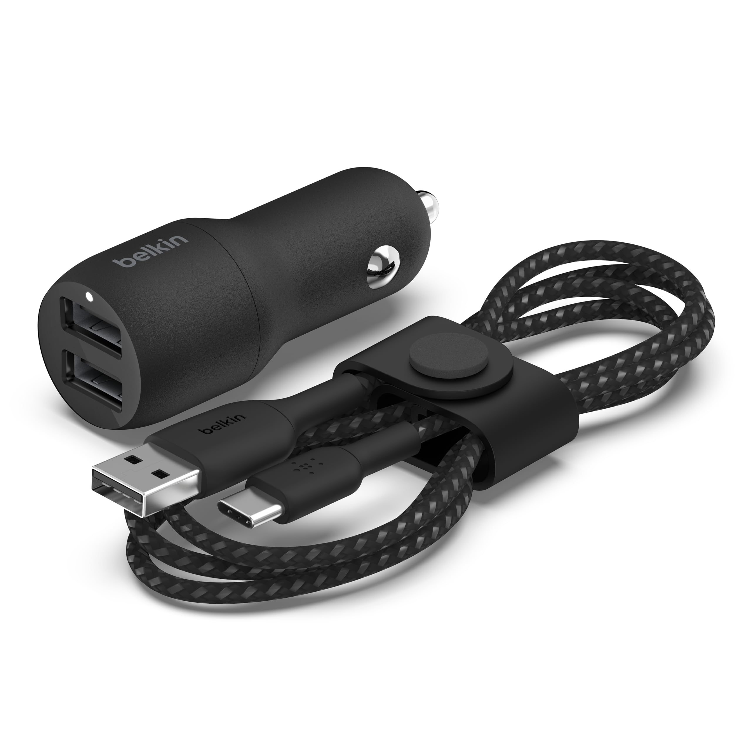 Belkin BoostCharge 24W USB 2-Port Car Charger Adapter - Dual-Port Car Charger w/ 12W Fast Charging Ports & Included USB-C to USB-A Braided Cable w/Strap for iPhone 15, Samsung Galaxy, & More - Black