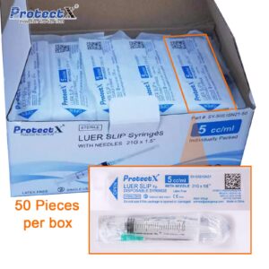 ProtectX 5ml Disposable Luer Slip Sterile Syringe with 21Ga 1.5” Needle, Individually Sealed, Smooth and Accurate Dispensing for Science Labs, 50-Pack