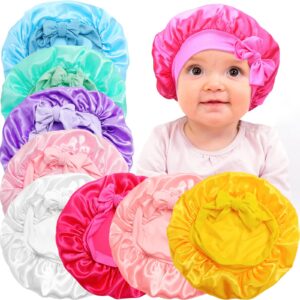 jagely 8 pcs silk baby bonnet infant bonnets with tie band adjustable baby satin bonnet kids sleeping hair cap(light color)