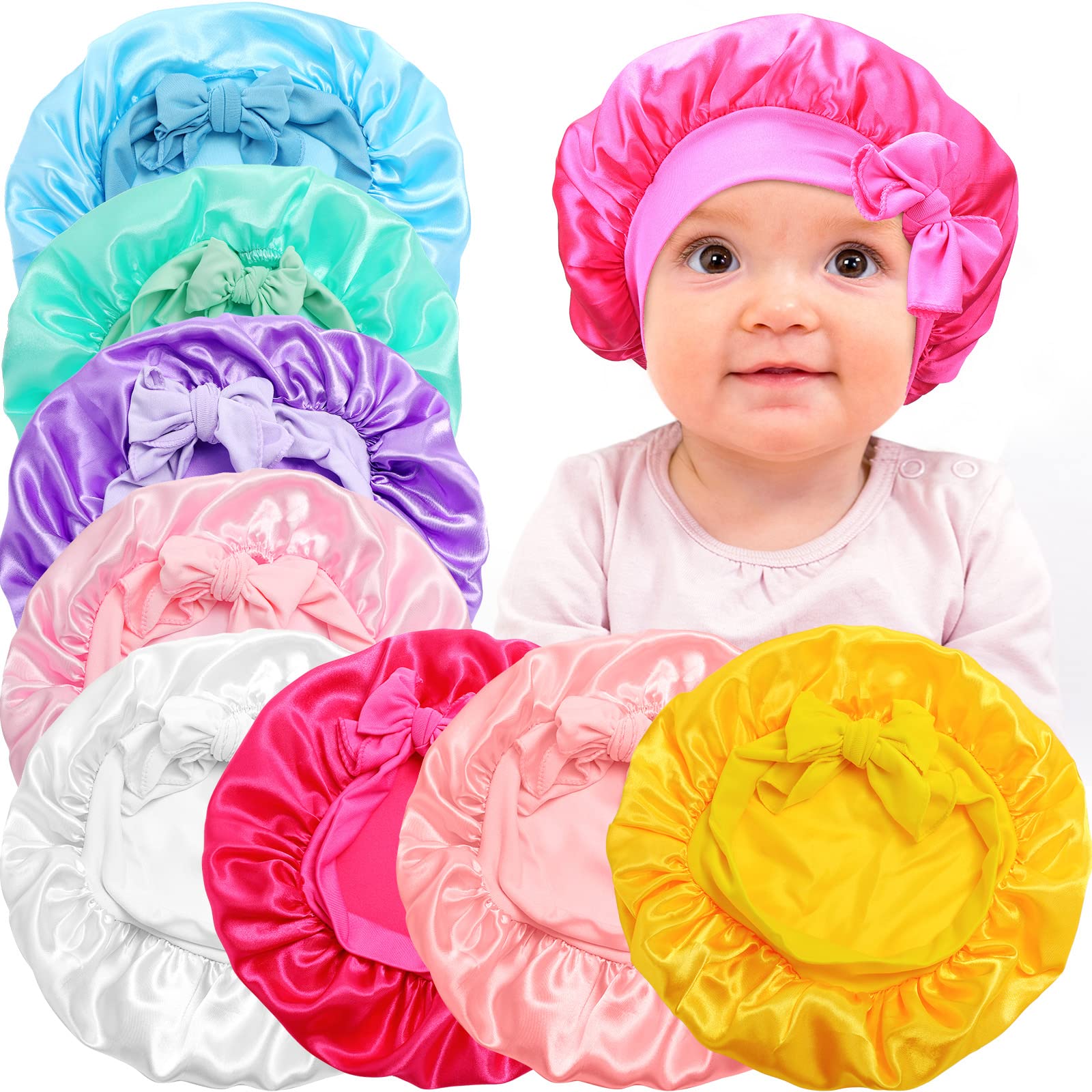 JaGely 8 Pcs Silk Baby Bonnet Infant Bonnets with Tie Band Adjustable Baby Satin Bonnet Kids Sleeping Hair Cap(Light Color)