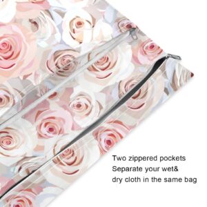 Kigai 2pcs Travel Wet and Dry Bag, Fashion Waterproof Wet Bags for Diapers, Swimwear, ect. Beach/Travel, Pink White Roses