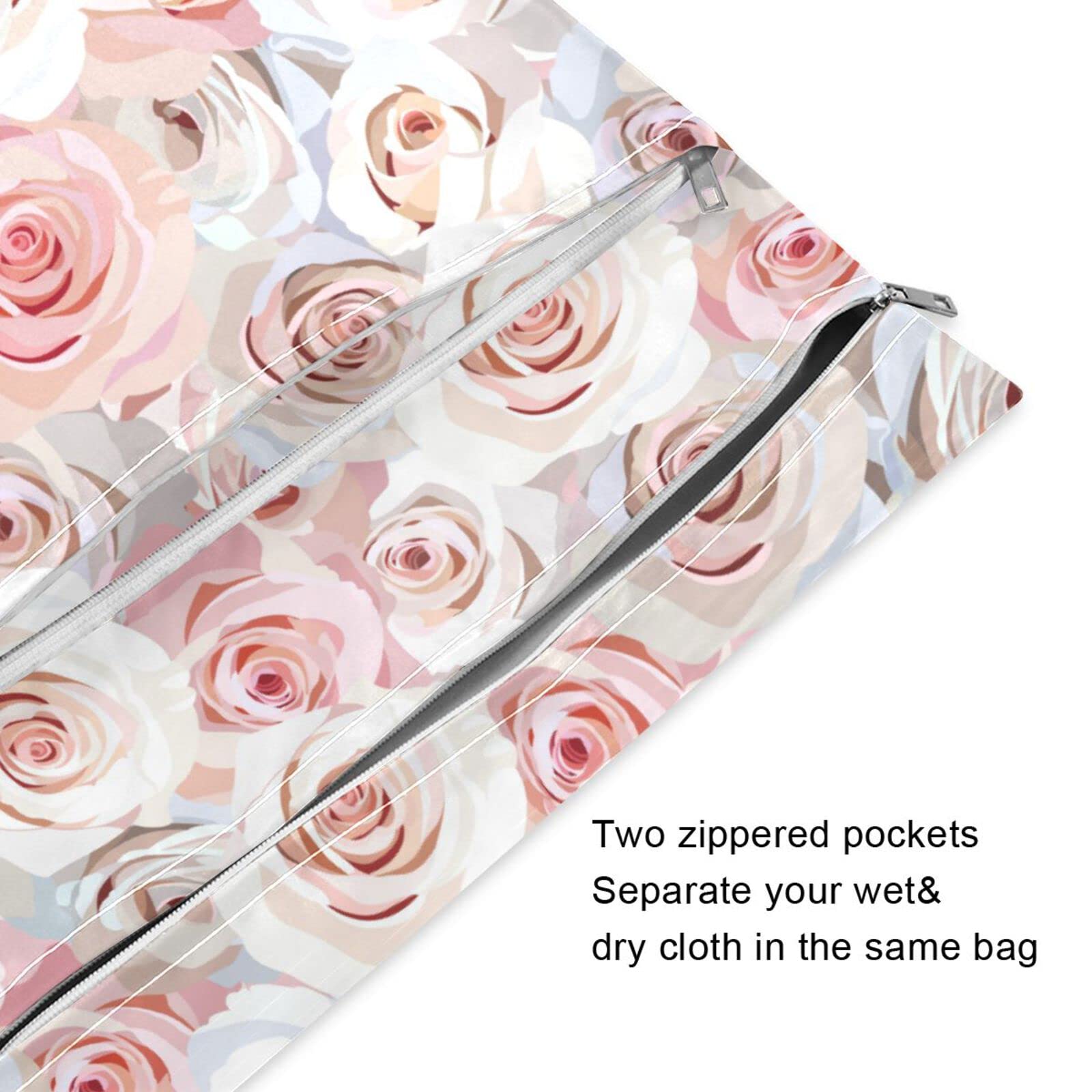 Kigai 2pcs Travel Wet and Dry Bag, Fashion Waterproof Wet Bags for Diapers, Swimwear, ect. Beach/Travel, Pink White Roses