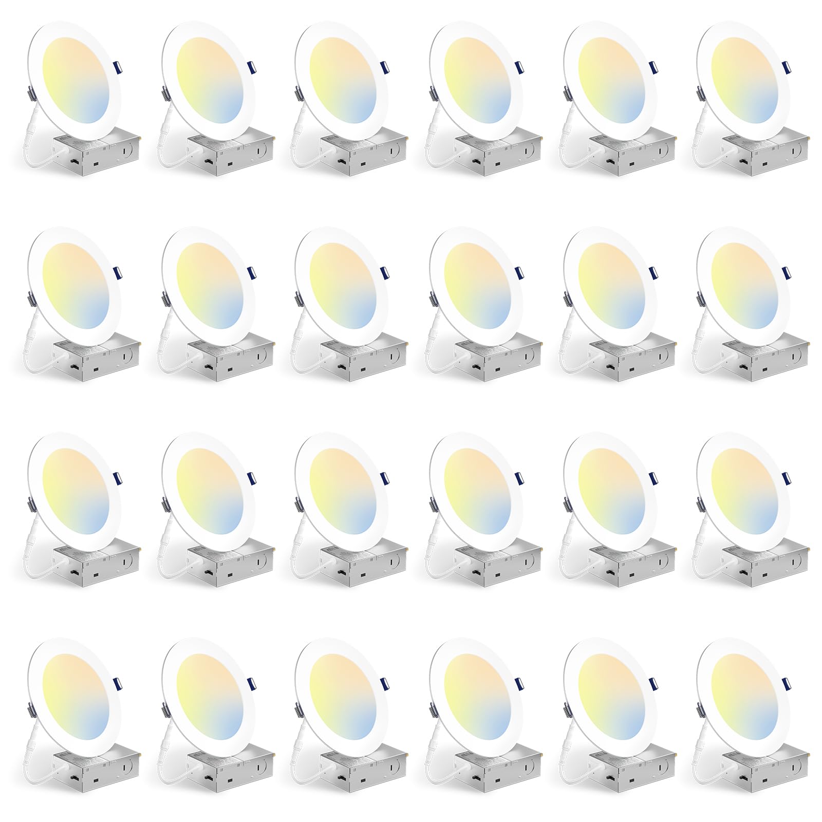 BBOUNDER 24 Pack 6 Inch 5CCT Ultra-Thin LED Recessed Ceiling Light with Junction Box, 2700K/3000K/3500K/4000K/5000K Selectable, 12W Eqv 110W, Dimmable Canless Wafer Downlight, 1050LM - ETL&FCC