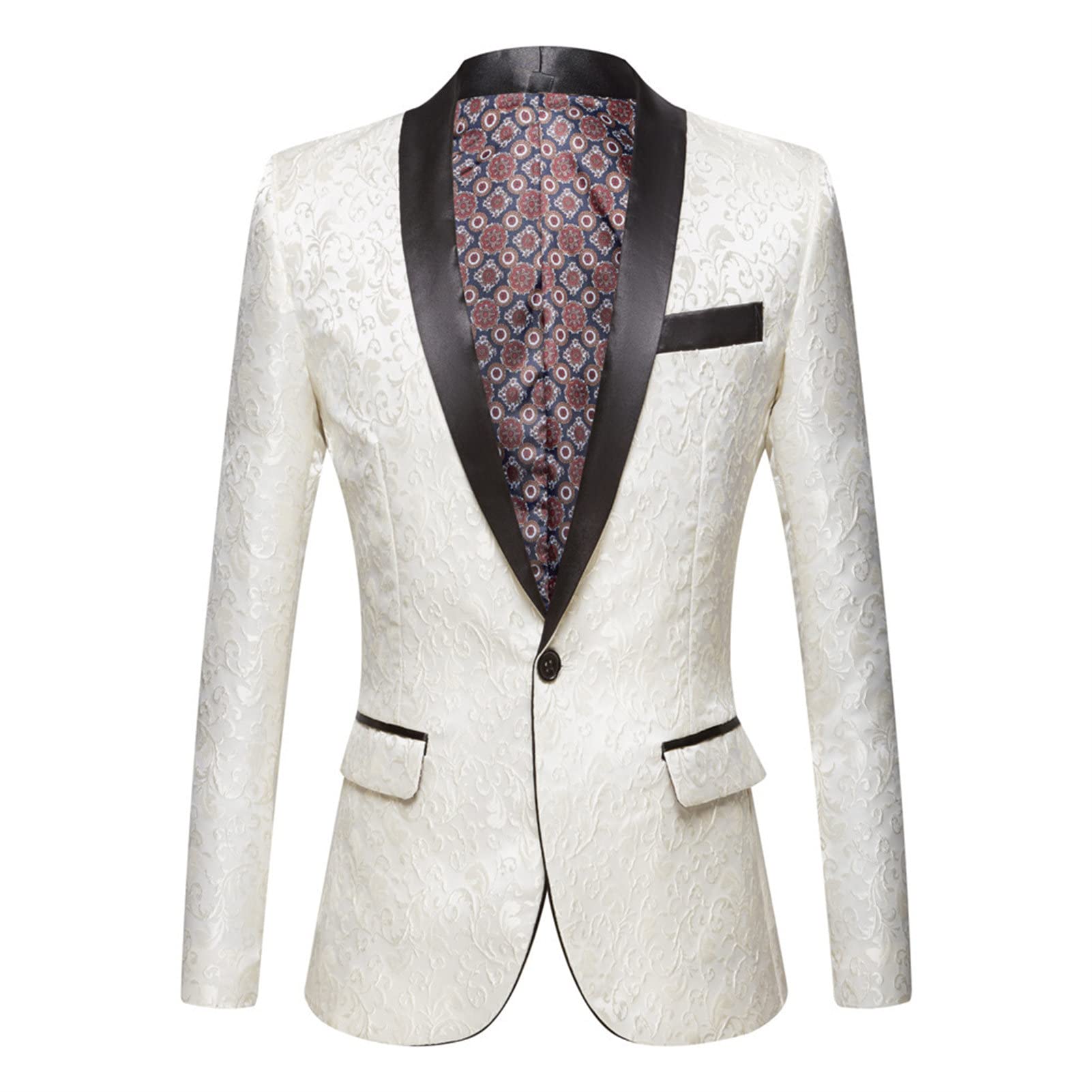 Men's Luxury Floral Tuxedo Jacket Paisley Jacquard Shawl Lapel Dress Suit Embroidered Wedding Blazer Sport Coat (White,Large)