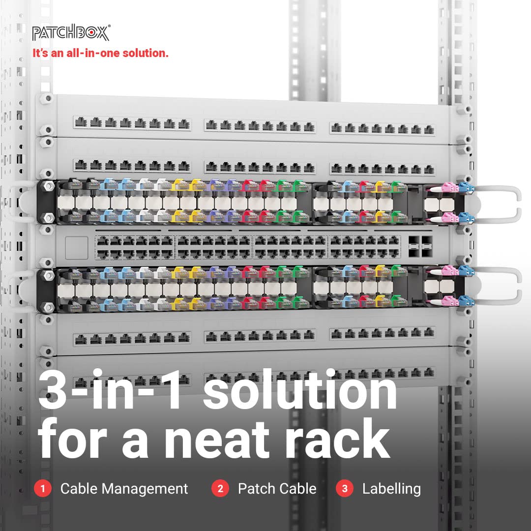 PATCHBOX® Plus+ Cat.6a - 24-Port Patch Panel with Retractable Cable Management System for 19” Racks, Includes Flat 10GB Cables and Cassettes, Easy Network and Server Setup (UTP, Blue, 1.8m / 8RU)