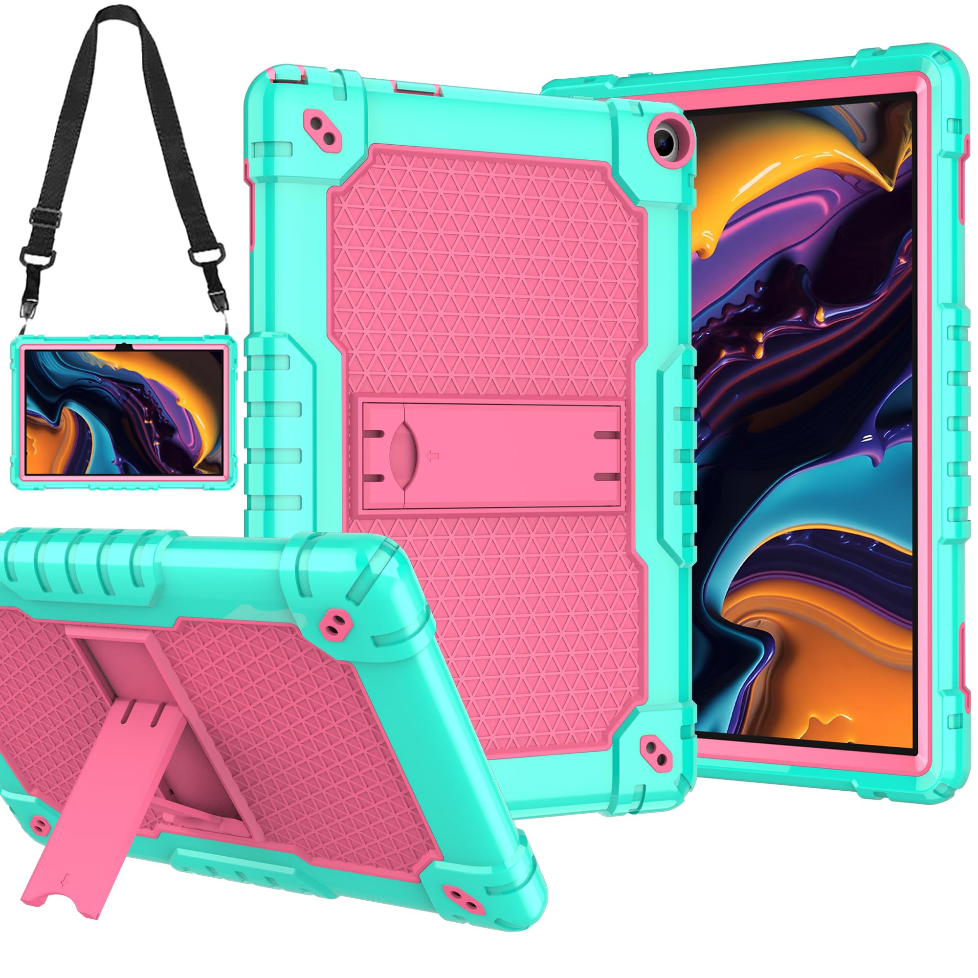 SOATUTO for Walmart Onn 10.1 2022 Tablet Case Shockproof Kids Friendly Armor Cover for Wlamrt Onn 10.1 Gen 3 Model 100071485 Tablet Case Built in Handle & Shoulder Strap 360° Kickstand (Green+Pink)