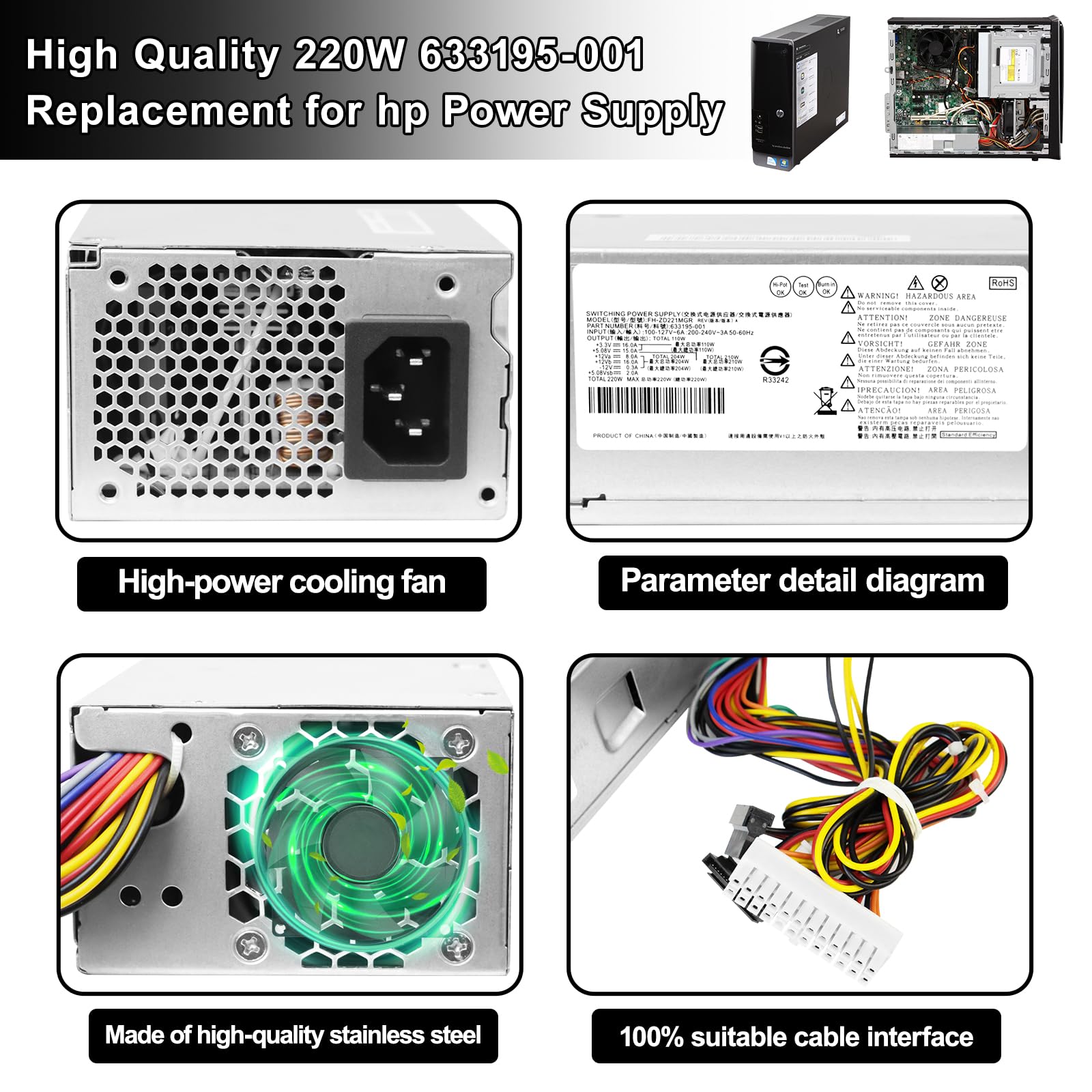 LXun 220W Power Supply Unit for HP Pavilion Slimline S5 Series,S5-1xxx S5-1024 Desktop PC S5-1110d S5-1002la S5-1010 TouchSmart 310-1205la, 633195-001 633196-001 633193-001,PCA222 FH-ZD221MGR PCA322