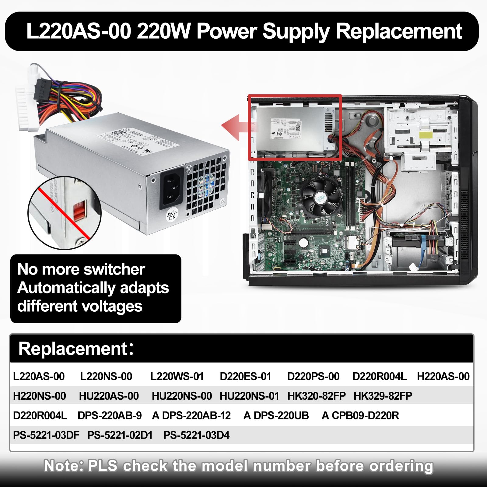 LXun L220AS-00 220W Power Supply Compatible with Dell Inspiron 3647 660s Acer X1420 X3400 eMachines Gateway Series Delta DPS-220UB A Liteon PS-5221-03DF H220AS-00 L220NS-00 650WP P3JW1 R82HS D220ES-01