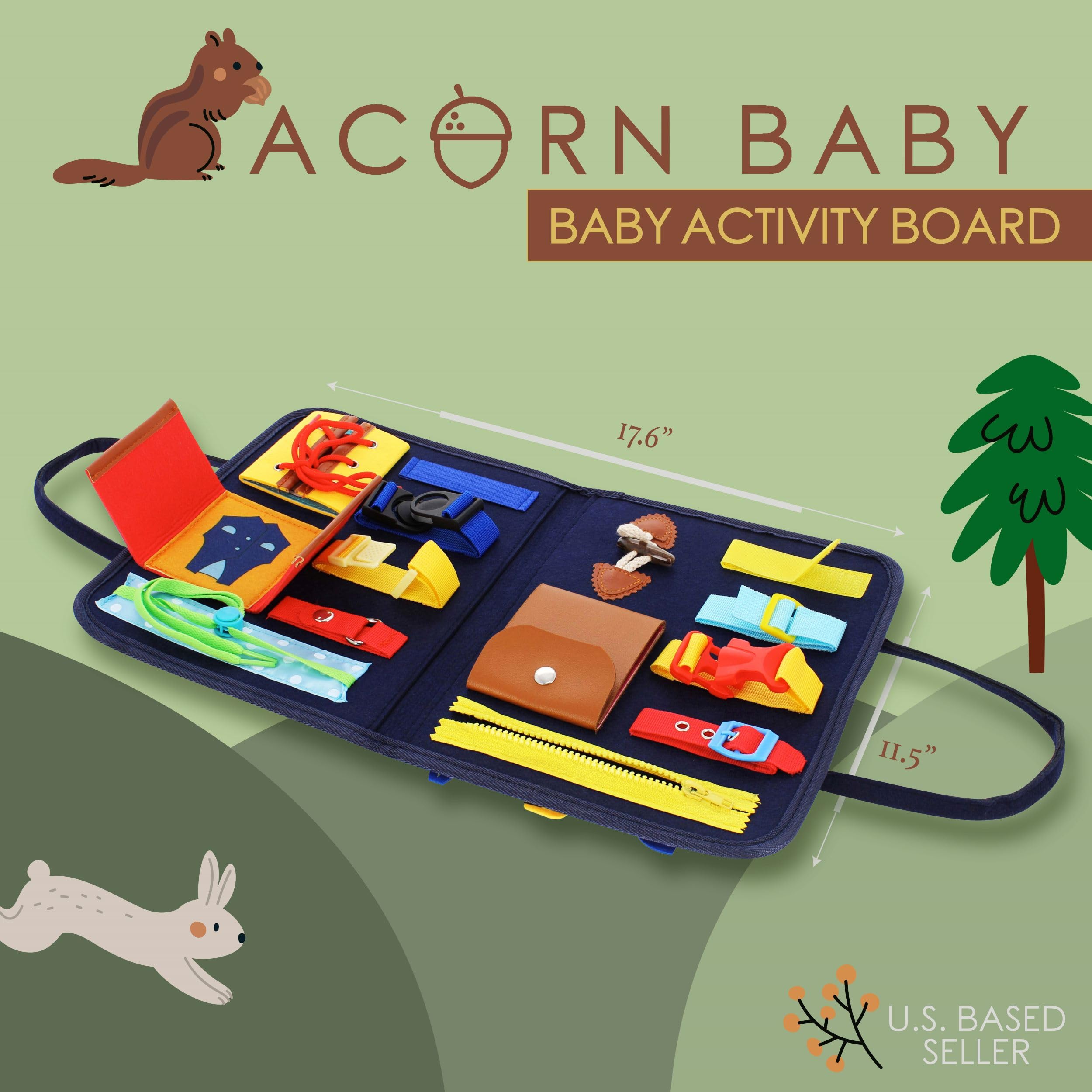 Acorn Baby Busy Activity Board - Educational Travel Activity Sensory Board for Planes or Cars - Includes 15 Actions